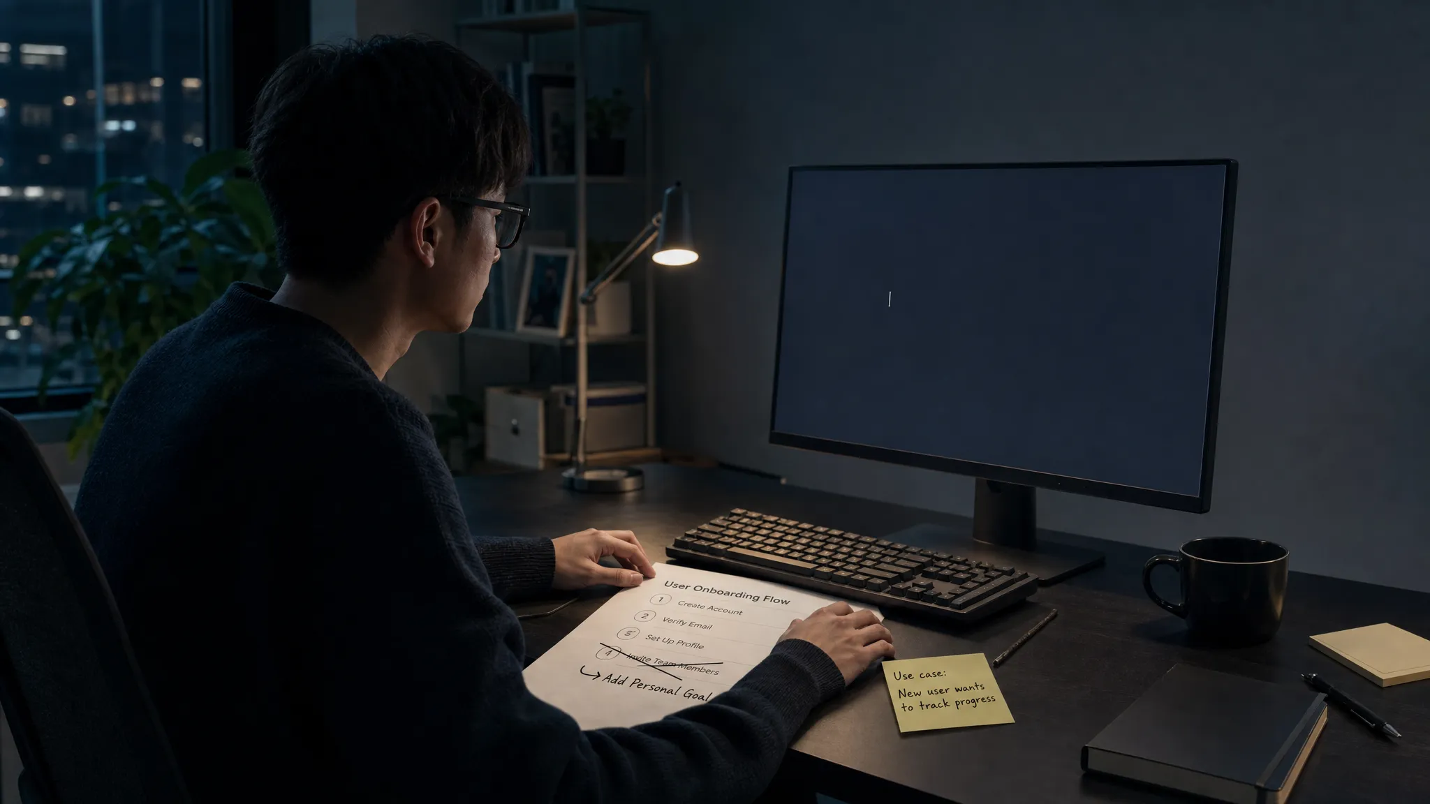 Landscape late-evening office scene with a single product manager seated slightly left of center, looking at a monitor that faces the camera and shows an empty prompt state with a waiting cursor and no other content. In front of them is a printed onboarding flow with a few numbered steps, one section crossed out and rewritten by hand, and a sticky note with a short use-case phrase. One hand rests on the paper while the other hovers over the keyboard, as if deciding how to turn a blank starting point into a first task. Practical monitor glow and a small desk lamp provide the only light. Deep, clean shadows, a restrained cool-toned accent, quiet and slightly tense mood, with open space on the right for text overlay.