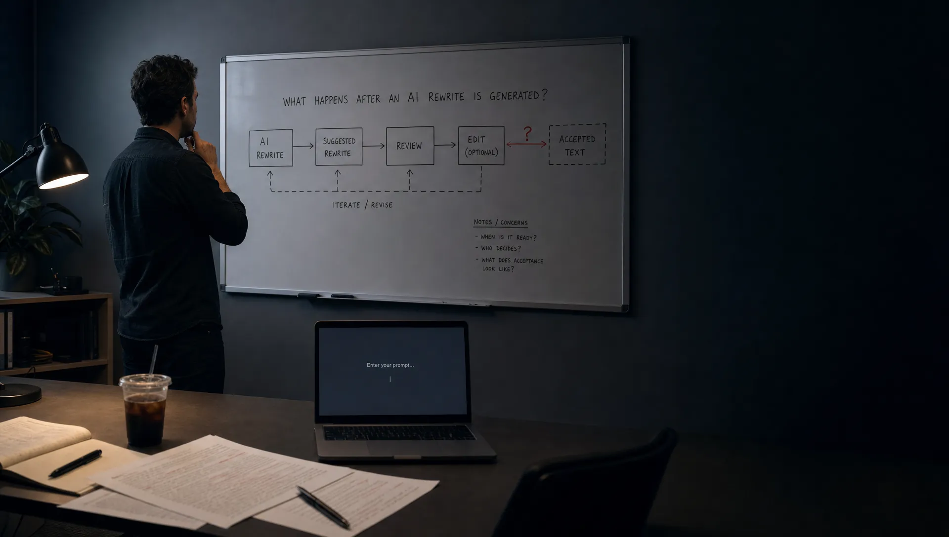 Landscape late-evening office scene in a small product room, framed wider to center a whiteboard covered with a workflow sketch about what happens after an AI rewrite is generated. A single person stands to the left, studying the board with a marker in hand, while a laptop on the table faces the camera and shows an empty prompt state with a waiting cursor and nothing displayed behind it. On the table are a few printed drafts, a pen, and a cold coffee. The unresolved step is the handoff from suggestion to accepted text. The room is mostly dark, lit by monitor glow and a desk lamp, with deep clean shadows, a restrained cool-toned accent, and open space on the right for text overlay.