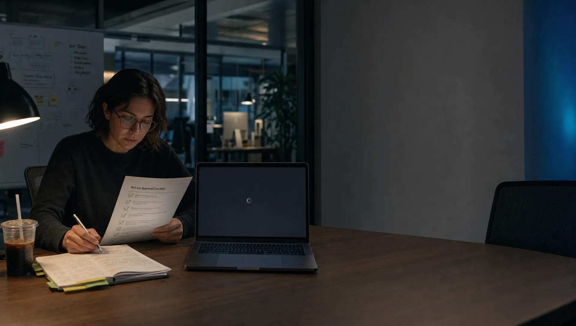A product manager studies an approval checklist beside a laptop with a waiting cursor and source notes on the table.