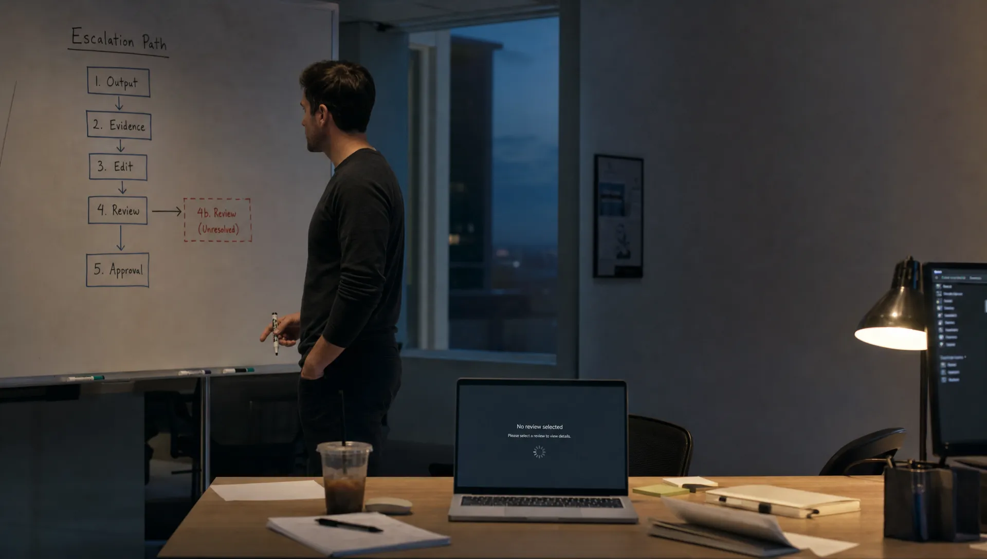 A product manager studies a whiteboard map of escalation steps beside a laptop with a waiting cursor.