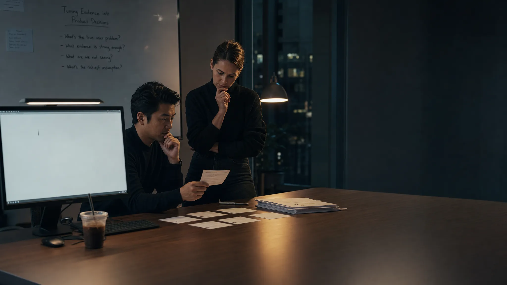 Landscape late-evening office scene with two product teammates at a conference table, one seated and one standing, quietly reviewing a printed decision card while a monitor facing the camera shows an empty note-taking or checklist screen with a waiting cursor and no content visible. A whiteboard in the background holds a few unresolved notes about how to turn evidence into a product decision. On the table are a pen, a cold coffee, a stack of marked documents, and a few loose cards spread in a small cluster. The mood is dark, considered, and slightly tense, with practical light from the monitor and a desk lamp, and open space on the right for text overlay.