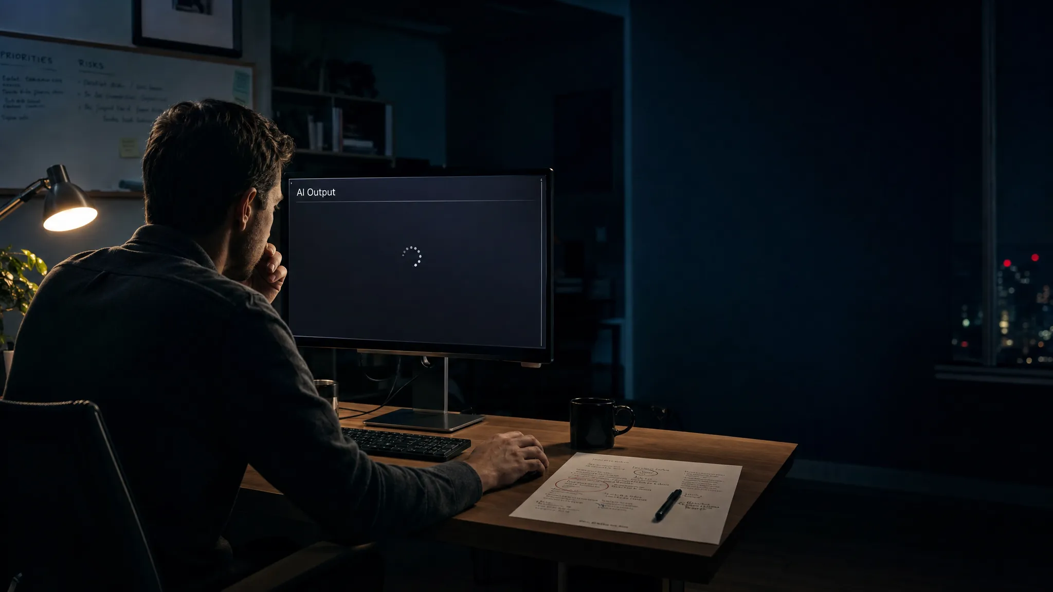 Landscape late-evening office scene with a single product manager seated left-of-center, leaning toward a monitor that faces the camera and shows an empty AI output area with a waiting cursor and no other content. A printed page beside the keyboard is marked up with notes, circled assumptions, and one red correction, while the person keeps one hand near the mouse as if deciding whether the output is safe to use. Only practical monitor glow and a desk lamp light the scene. Deep, clean shadows, a restrained cool accent, tense and unresolved mood, with open space on the right for text overlay.
