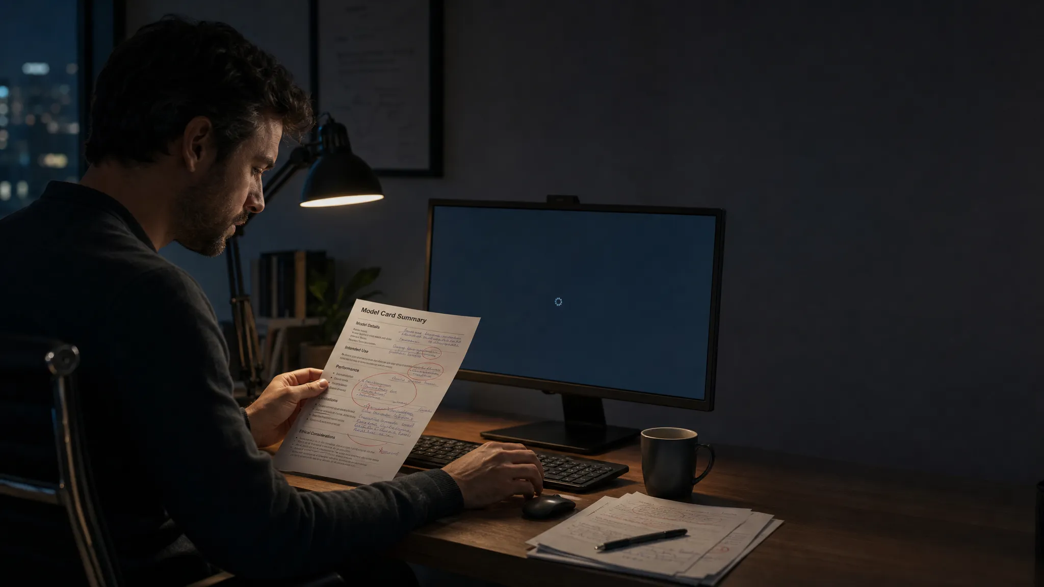 Landscape late-evening office scene with a single product manager seated left-of-center, studying a printed model card summary sheet covered in notes, circled limitations, and a few crossed-out lines. A monitor faces the camera and shows an empty review workspace with a waiting cursor and no other content displayed. On the desk are a pen, a stack of annotated pages, and a mug that has clearly gone cold. One hand rests on the paper while the other hovers near the keyboard, as if deciding what the model card should change in the product. Practical desk lamp and monitor glow only, deep clean shadows, a restrained cool accent, quiet and tense mood, with open space on the right for text overlay.