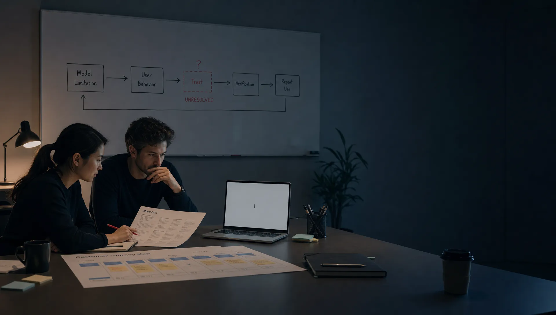 Landscape late-evening office scene in a quiet product workspace, with two product people on the left side of the frame quietly reviewing a printed model card and a customer journey map spread across a conference table. One person holds a red pen over notes while the other studies a laptop screen that faces the camera and shows a blank review document with a waiting cursor and nothing displayed behind it. On the wall behind them, a whiteboard connects model limitation, user behavior, trust, verification, and repeat use, with the trust step marked unresolved. The room is mostly dark, lit only by monitor glow and a desk lamp, with deep clean shadows, a restrained cool-toned accent, and open space on the right for text overlay.