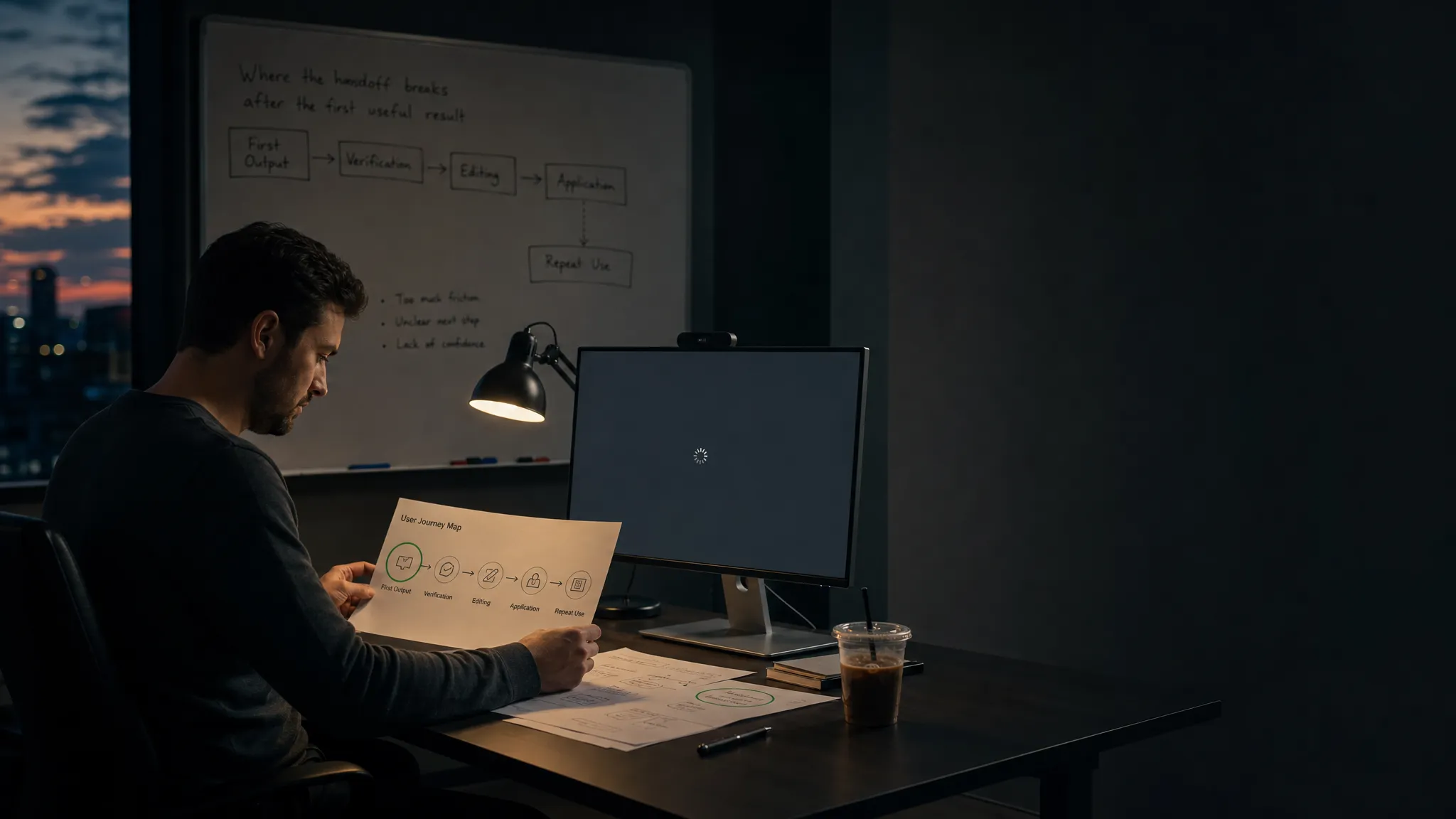 Landscape late-evening office scene with a single product manager seated left-of-center at a desk, studying a printed journey map that traces first output, verification, editing, application, and repeat use. A monitor faces the camera and shows an empty review workspace with a waiting cursor and no content visible. On the desk are a pen, a cold coffee, and a few marked pages with one step circled. In the background, a whiteboard holds a rough map of where the handoff breaks after the first useful result. The room is mostly dark, lit only by monitor glow and a desk lamp, with deep clean shadows and open space on the right for text overlay.
