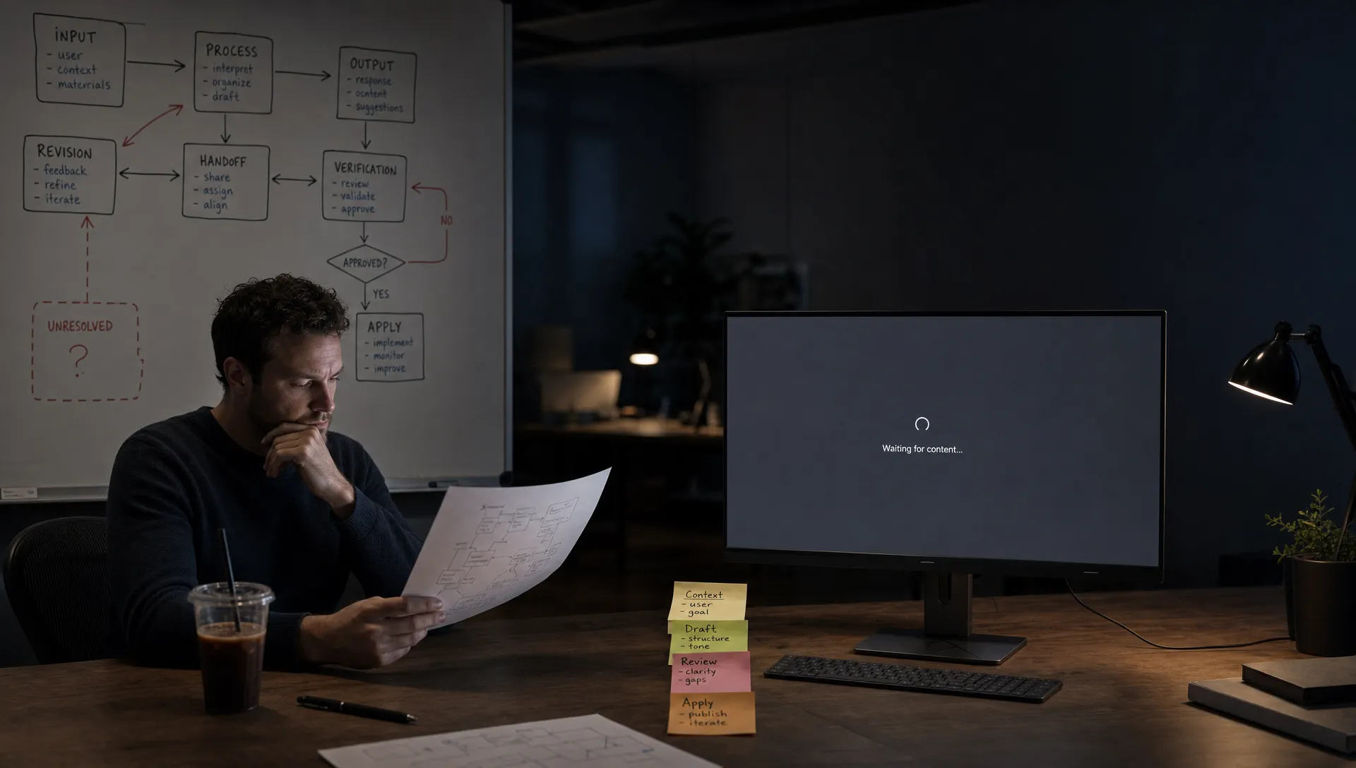 Landscape late-evening office scene in a quiet product workspace, with a single product designer seated near the left-center of the frame and studying a printed workflow sketch while a monitor on the right faces the camera and shows an empty review pane with a waiting cursor and no content visible. On the desk are a cold coffee, a pen, and a small stack of marked-up sticky notes about context, draft, review, and apply. Behind the person, a whiteboard is covered with a rough map of input, output, revision, handoff, and verification, with one branch still unresolved. The room is mostly dark, lit by monitor glow and a desk lamp, with deep clean shadows, a restrained cool-toned accent, and open space on the far right for text overlay.