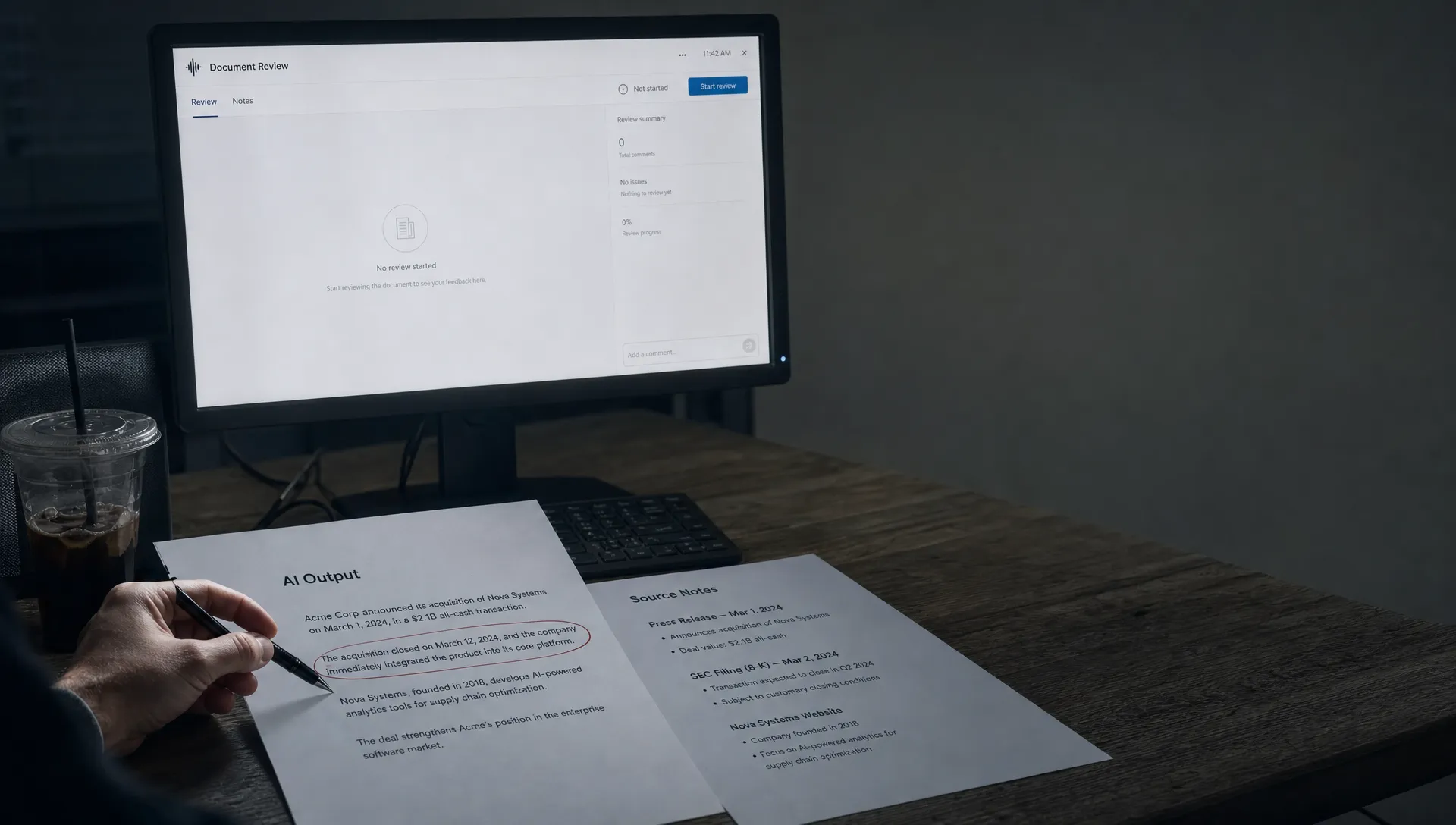 A printed AI output page sits beside a laptop with a waiting cursor, and a hand marks the unsupported line after a mistake.