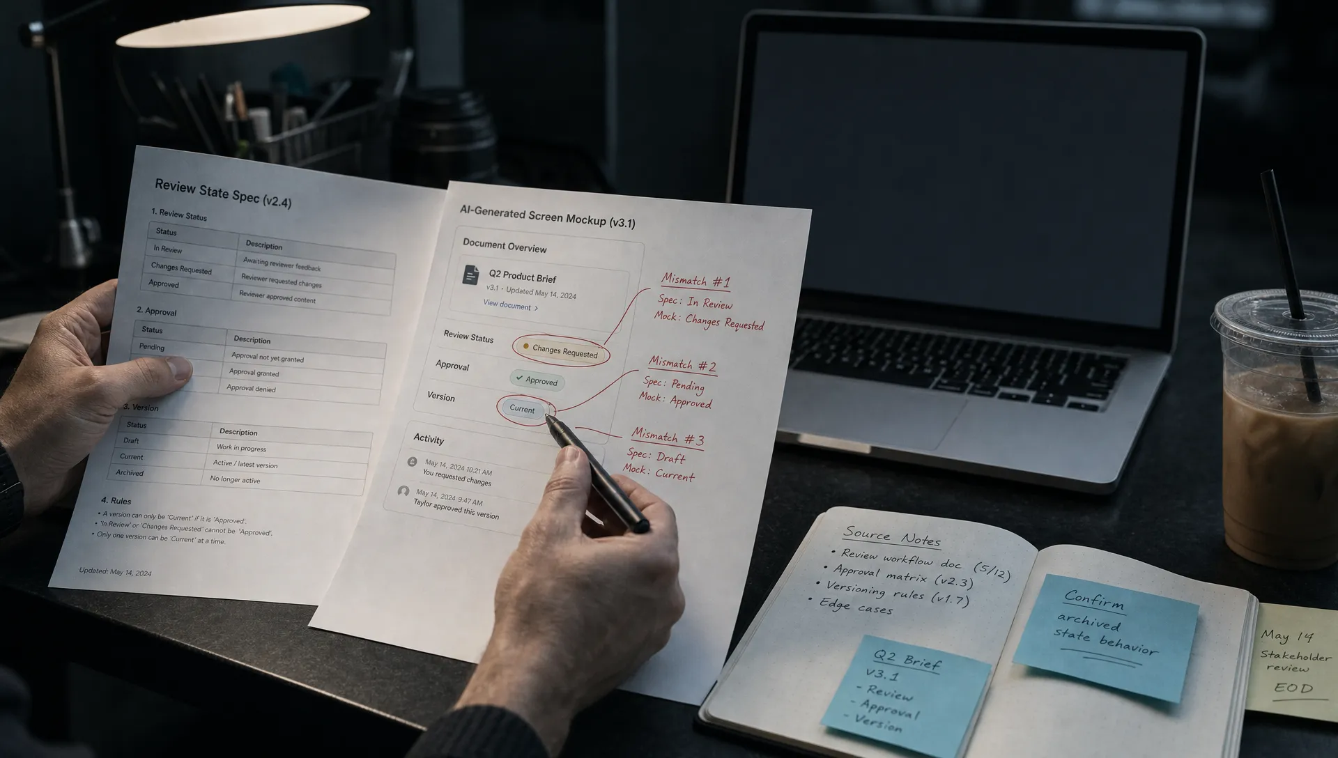 Hands compare a review-state spec and a marked-up screen mockup beside a laptop on a late-night product table.