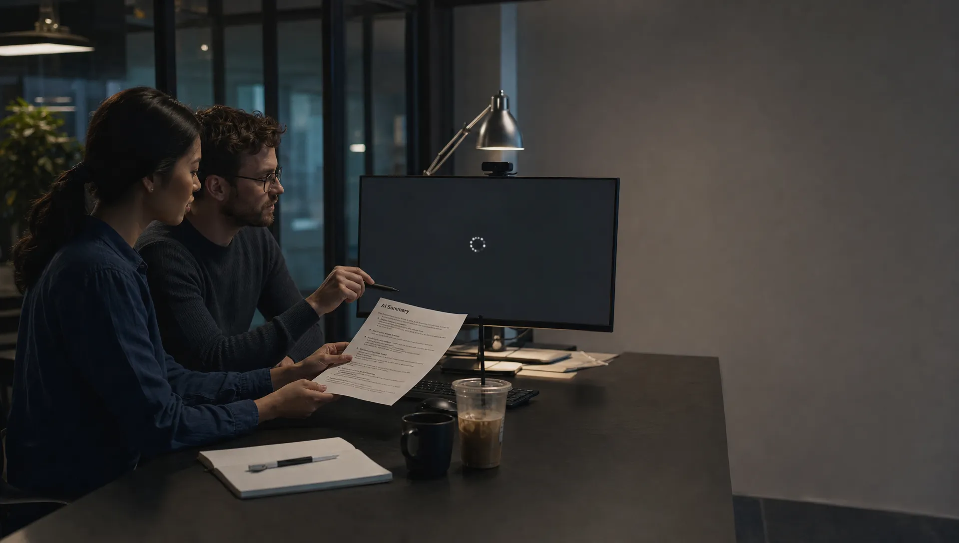 Two teammates review a printed AI summary beside a monitor showing a blank review state and a cold coffee.