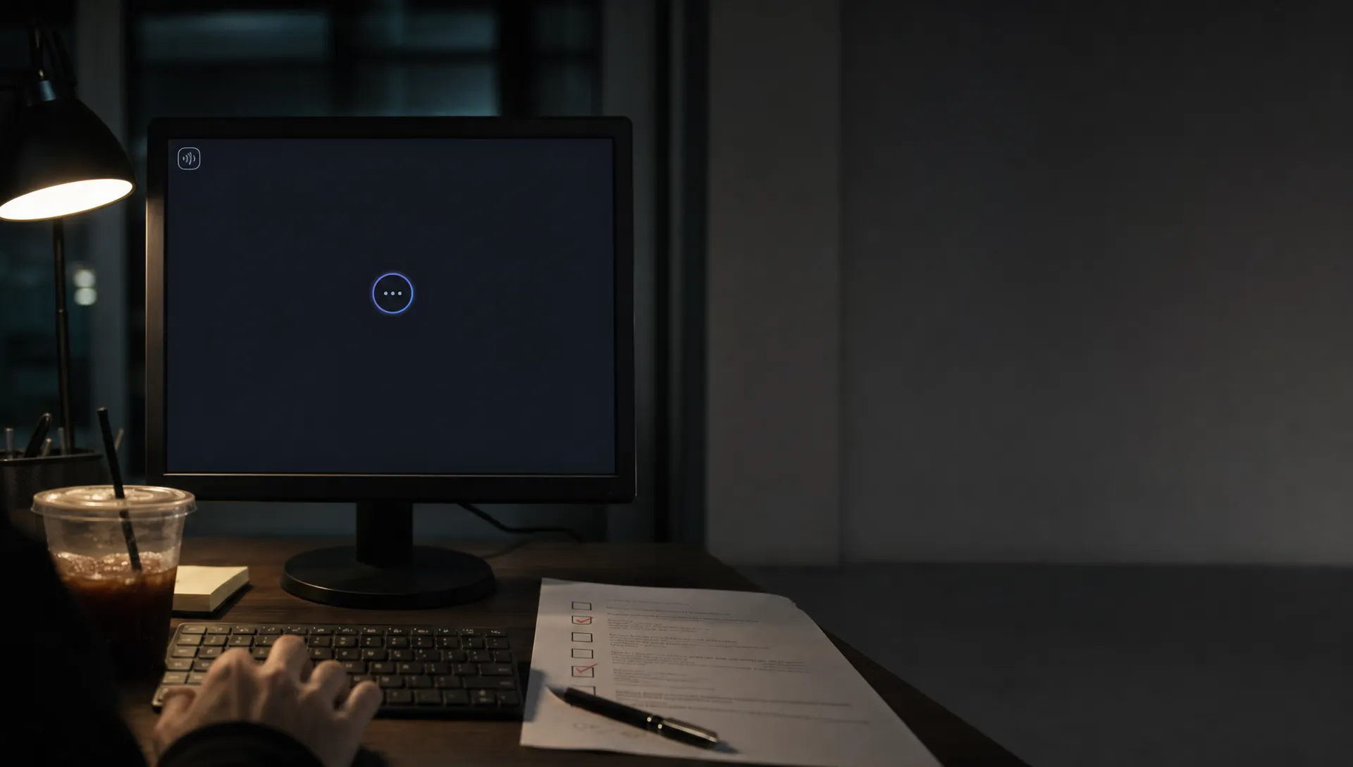 A blank AI assistant screen and a marked checklist sit beside a hovering hand, capturing an unresolved decision at the desk.
