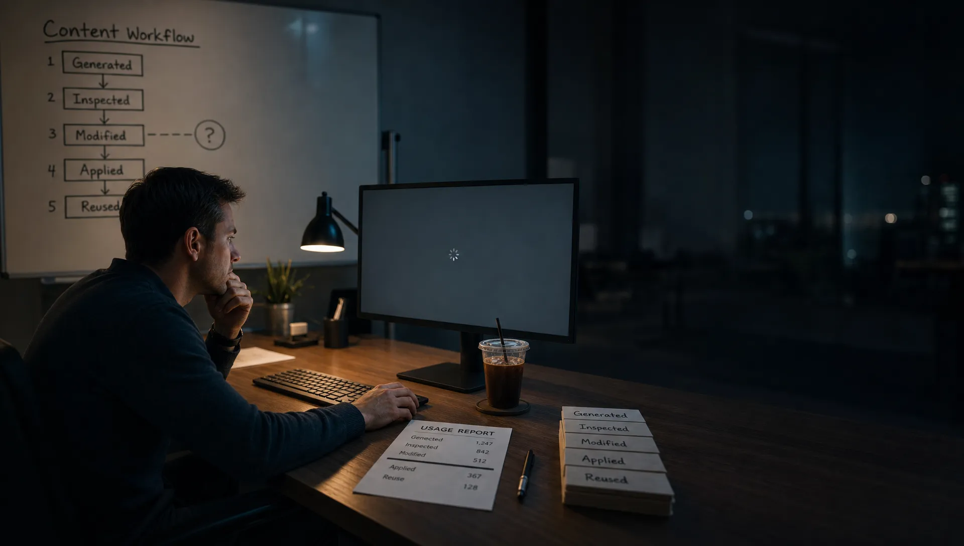Landscape late-evening office scene in a quiet product workspace, with a single product manager seated near the left side of the frame and staring at a monitor that faces the camera and shows a blank application state with a waiting cursor and no content visible. Their other hand rests on a keyboard beside a printed usage report marked with a thick line between generated and applied. On the desk are a cold coffee, a pen, and a small stack of cards or notes labeled with workflow states. Behind them, a whiteboard holds a rough ladder from generated to inspected to modified to applied to reused, with one step still unresolved. The room is mostly dark, lit by monitor glow and a desk lamp, with deep clean shadows, a restrained cool-toned accent, and open space on the right for text overlay.