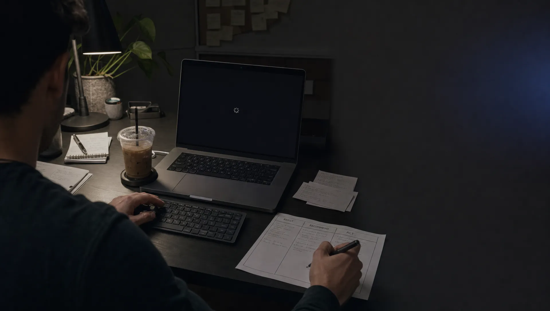 Hands mark up a comparison page for AI assist, recommend, and act while a laptop waits on a desk behind the printout.