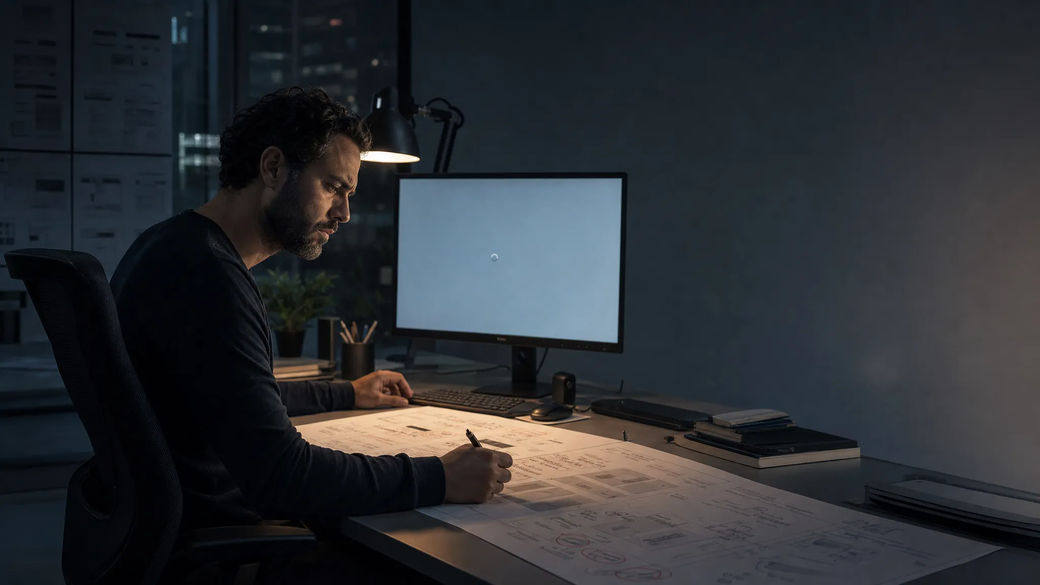 Landscape late-evening office scene with a single product designer seated left-of-center, studying a large printed design review sheet covered in marked-up notes and circled criteria. A monitor faces the camera and shows a blank design canvas with a waiting cursor and nothing else displayed. One hand holds a pen above the page while the other rests near the keyboard, as if weighing whether the output can be defended. Practical desk lamp and monitor glow only, deep clean shadows, subdued cool-toned accent, quiet and tense mood, with open space on the right for text overlay.
