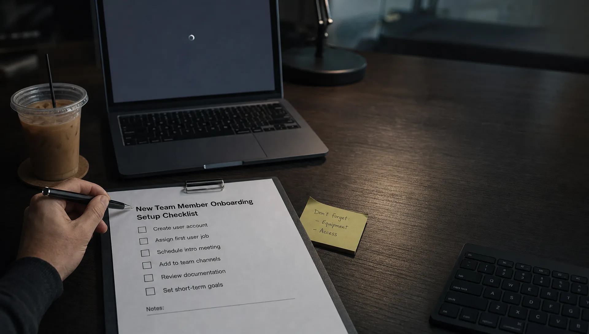 A desk checklist, pen, and laptop capture the problem of asking users for the first AI job before they type.