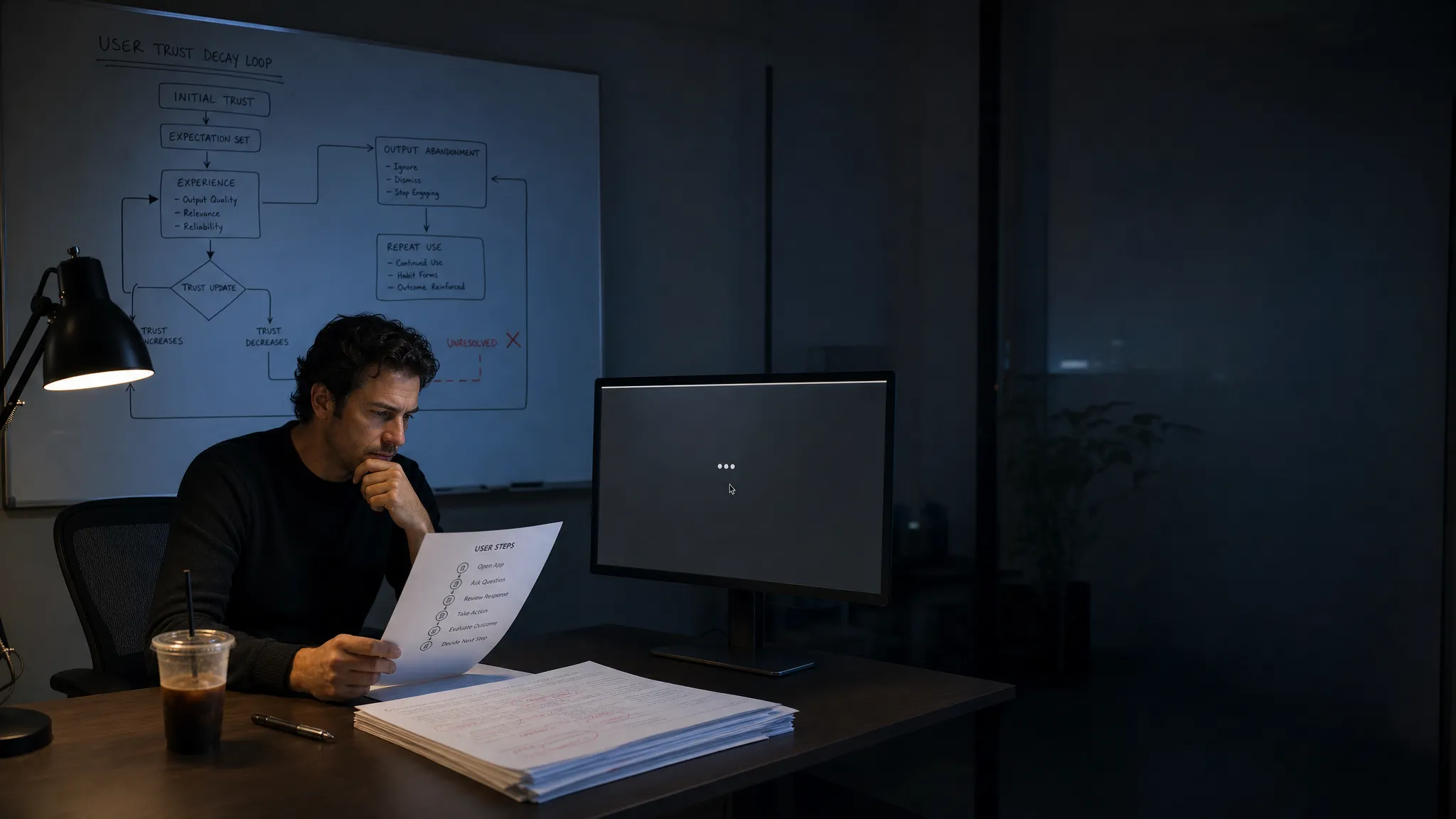 Landscape late-evening office scene with a single product lead seated near the center-left, studying a printed sequence of user steps on the desk while a monitor faces the camera and shows an empty AI response pane with a waiting cursor and no other content visible. A whiteboard in the background is covered with a rough diagram of trust decay, output abandonment, and repeat use, with one branch marked as unresolved. On the desk are a pen, a cold coffee, and a stack of marked pages with a few corrections. The room is mostly dark, lit only by monitor glow and a desk lamp, with deep clean shadows, a restrained cool-toned accent, and open space on the right for text overlay.
