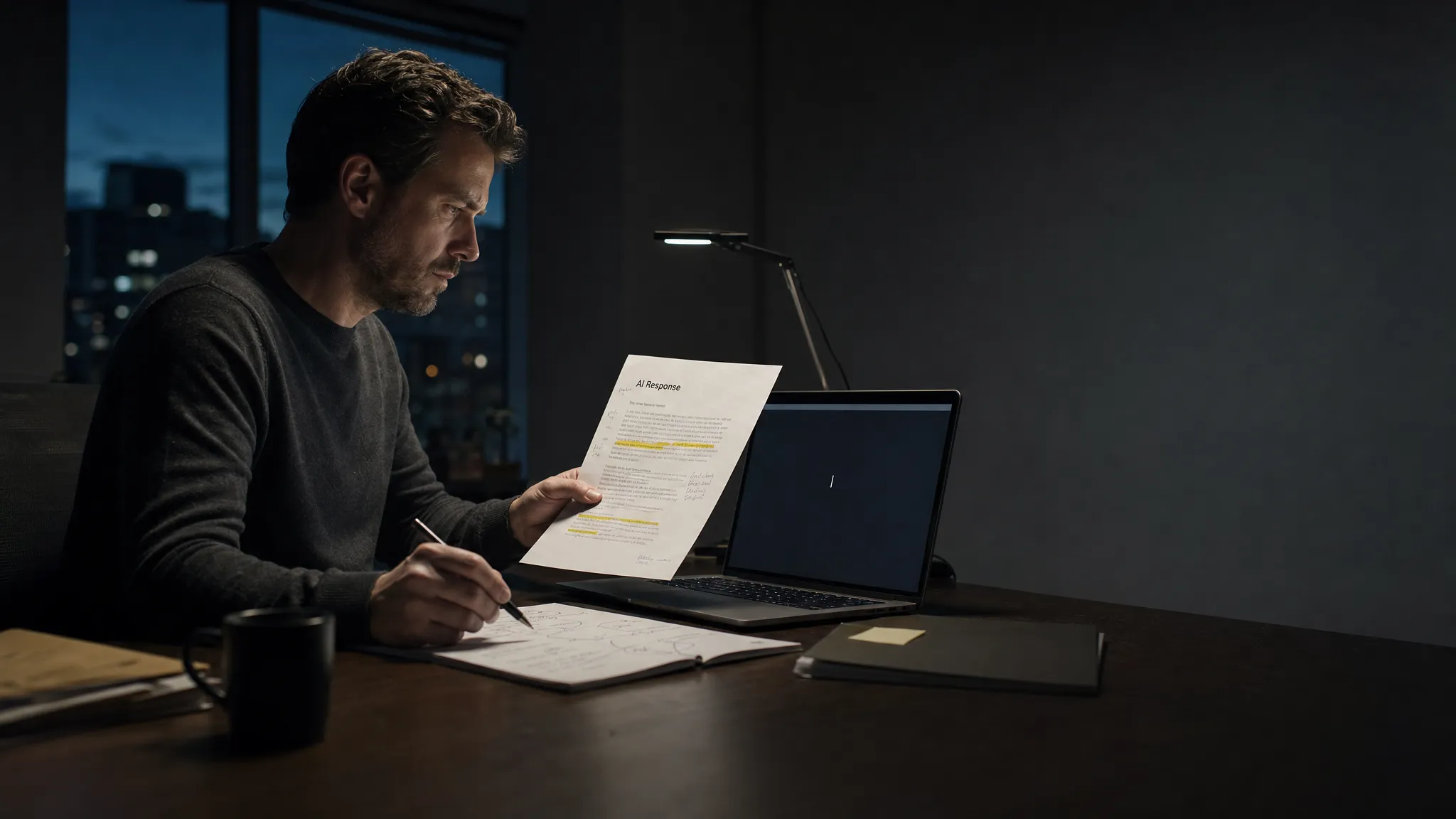 Landscape late-evening office scene with a single product manager seated left-of-center at a desk, studying a printed AI response and comparing it to notes on the page. One hand holds a pen above a marked-up document, the other rests near a keyboard, with a laptop screen facing the camera and showing a blank prompt with a waiting cursor and nothing else displayed. A desk lamp and the screen provide the only light sources. The right side of the frame stays open for text. Deep clean shadows, restrained cool accent, quiet and tense mood, like a product decision that is not resolved yet.