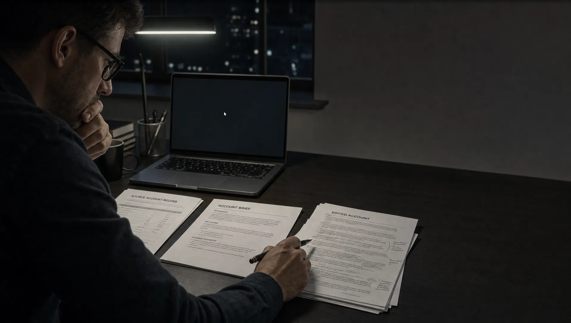A marked-up account brief sits beside source records and an edited draft, showing where verification interrupts the AI adoption workflow.