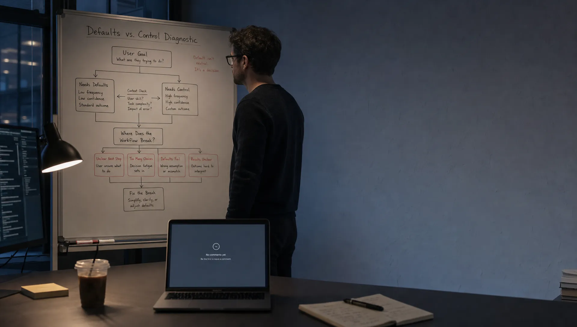A product lead studies a whiteboard diagnostic map about defaults, control, and workflow breakpoints beside an empty laptop screen.