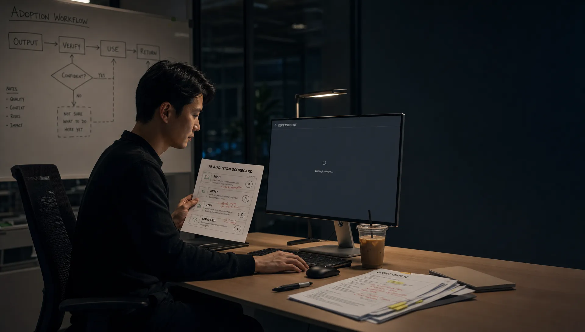 Landscape late-evening office scene in a quiet product workspace, with a single product manager seated near the left-center of the frame and looking down at a printed AI adoption scorecard with marked sections for read, apply, edit, and complete. A monitor on the desk faces the camera and shows a blank review panel with a waiting cursor and no content visible. Their hand rests near the keyboard as if deciding whether to trust the next step. On the desk are a cold coffee, a pen, and a few annotated output pages. Behind them, a whiteboard is covered with a rough workflow from output to verify to use to return, with one branch still unresolved. The room is mostly dark, lit by monitor glow and a small desk lamp, with deep clean shadows, a restrained cool-toned accent, and open space on the right for text overlay.
