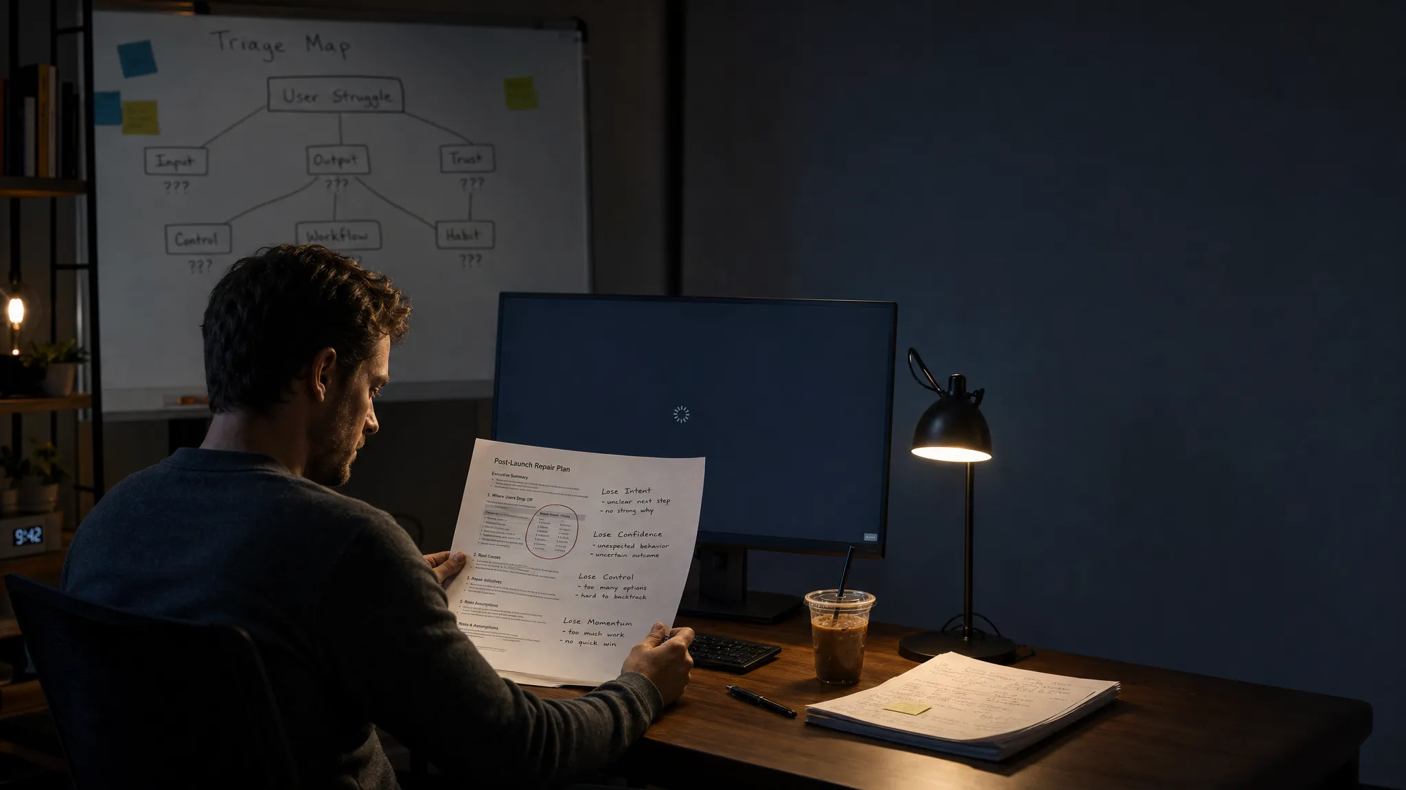Landscape late-evening office scene with a single product lead seated left-of-center at a desk, studying a printed post-launch repair plan with one section circled and several handwritten notes about where users lose intent, confidence, control, and momentum. A monitor faces the camera and shows a blank diagnostic workspace with a waiting cursor and no content visible. On the desk are a pen, a cold coffee, and a small stack of marked pages. In the background, a whiteboard holds a rough triage map with unresolved branches for input, output, trust, control, workflow, and habit. The room is mostly dark, lit only by monitor glow and a desk lamp, with deep clean shadows and open space on the right for text overlay.