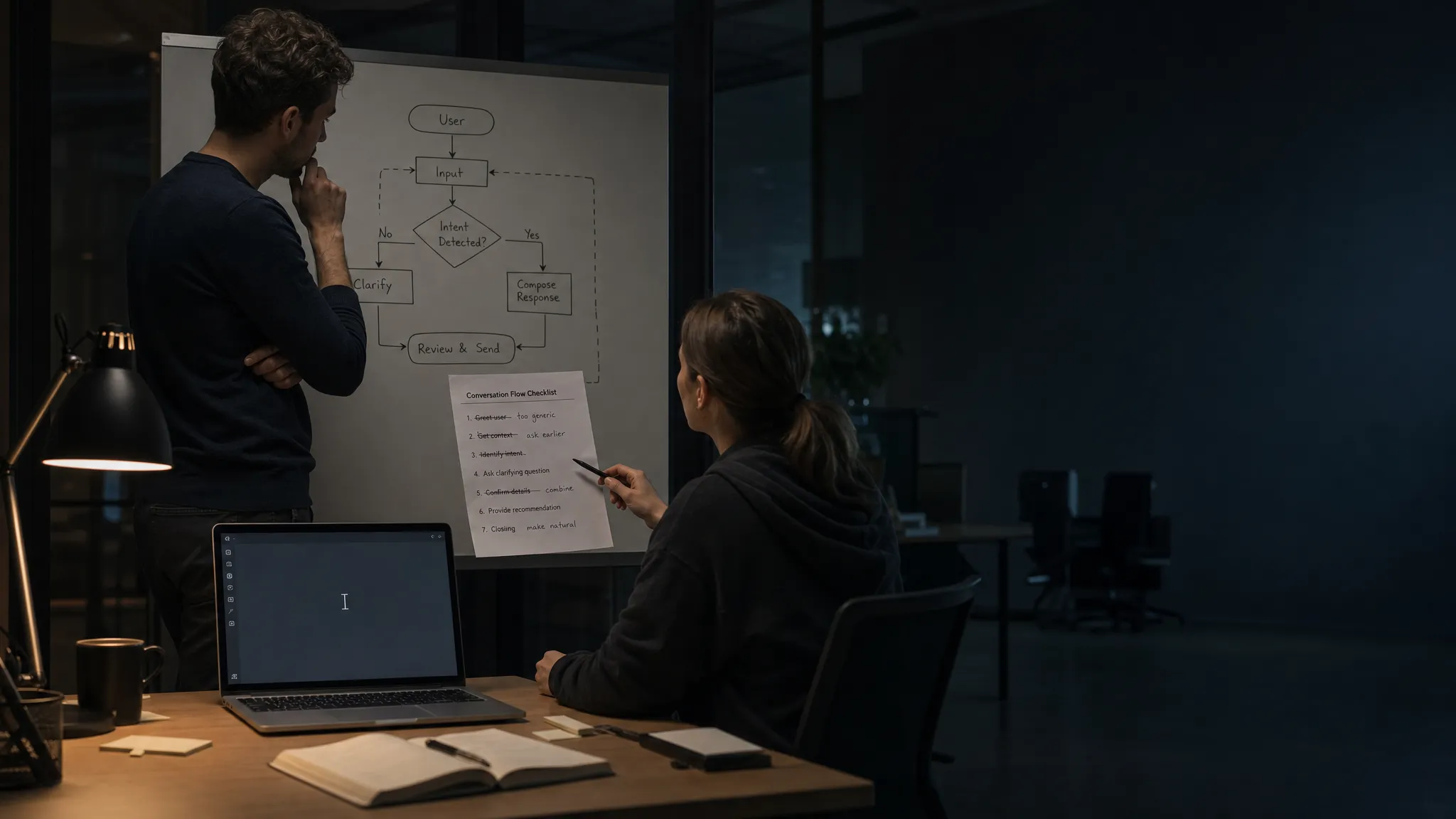 Landscape late-evening office scene with two product teammates standing and sitting around a desk, quietly reviewing a simple flow diagram on a whiteboard and a printed checklist with several items crossed out and rewritten by hand. A laptop on the desk faces the camera with an empty AI composer and a waiting cursor, but no content displayed. One person studies the board while the other points at the checklist, as if trying to decide what the system should ask first. Practical monitor glow and a small desk lamp provide the only light. Deep, clean shadows, a restrained cool-toned accent, quiet and slightly tense mood, with open space on the right for text overlay.