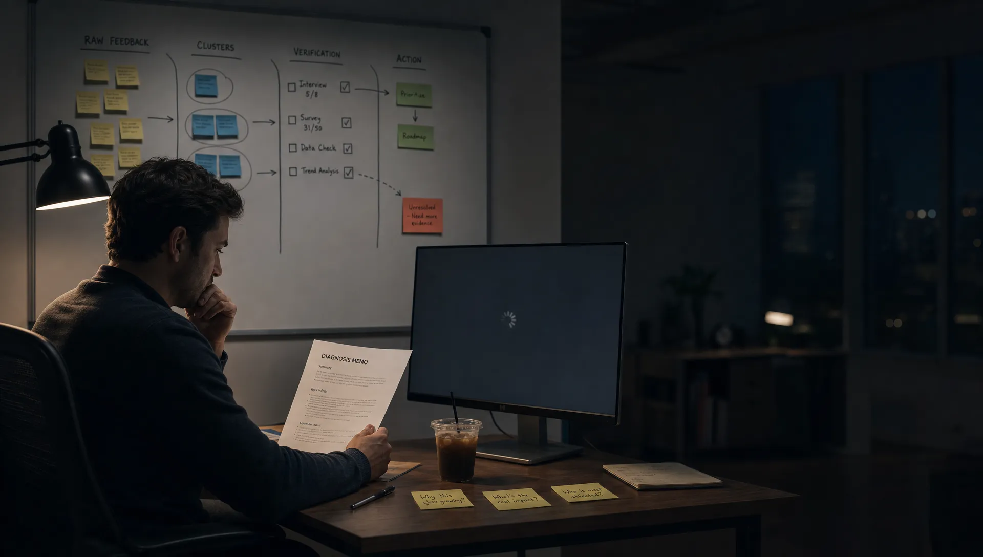 Landscape late-evening office scene in a quiet product workspace, with a single thoughtful product lead seated left-of-center and reading a printed diagnosis memo while a monitor faces the camera and shows a blank analysis workspace with a waiting cursor and no content visible. The desk holds a cold coffee, a pen, and a few scattered sticky notes with unresolved questions. Behind the person, a whiteboard is covered with grouped evidence tags, arrows, and a rough funnel from raw feedback to clusters to verification to action, with one branch still unresolved. The room is mostly dark, lit by monitor glow and a desk lamp, with deep clean shadows, a restrained cool-toned accent, and open space on the right for text overlay.
