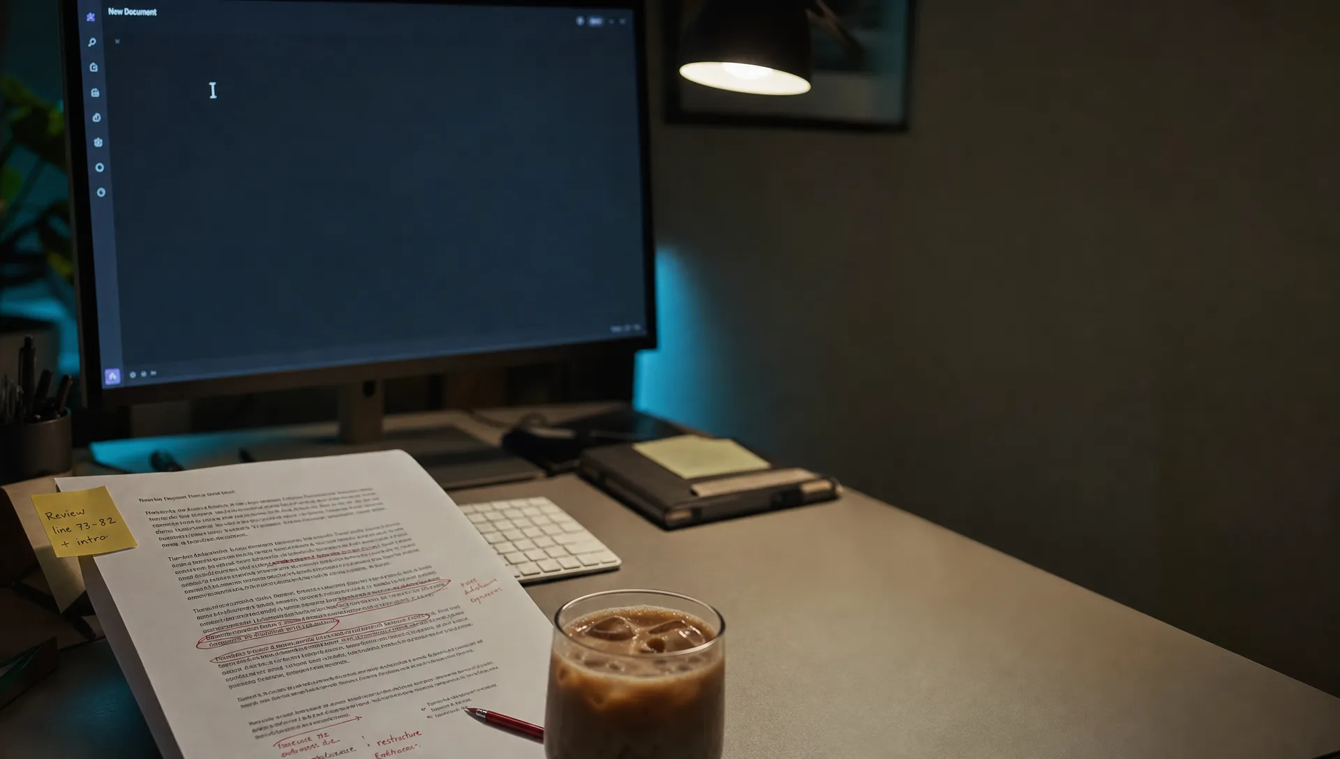 A marked-up AI output page sits beside a keyboard and cold coffee while a monitor in the background waits for review.
