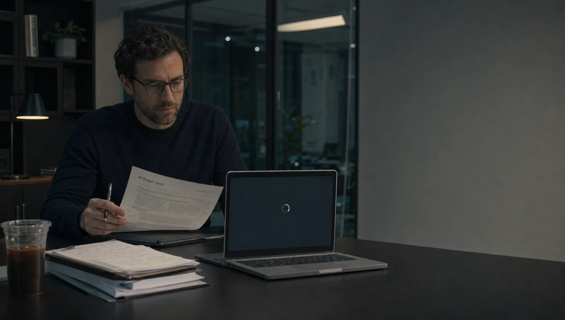 A product manager reviews an AI output beside source notes and a waiting laptop, testing whether the guardrails build confidence.