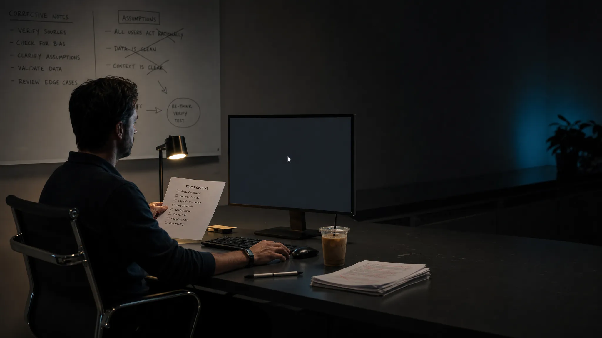 Landscape late-evening office scene with a single product lead seated left-of-center at a conference table, studying a printed checklist of trust checks beside a whiteboard covered with a few corrective notes, arrows, and crossed-out assumptions. A large monitor faces the camera and shows an empty review workspace with a waiting cursor and no other content visible. On the table are a pen, a cold coffee, and a small stack of marked-up pages. One hand rests on the paper while the other hovers near the keyboard, as if deciding whether the output is safe enough to use. Practical monitor glow and a small desk lamp provide the only light. Deep, clean shadows, desaturated base with one restrained cool accent, quiet and slightly tense mood, with open space on the right for text overlay.