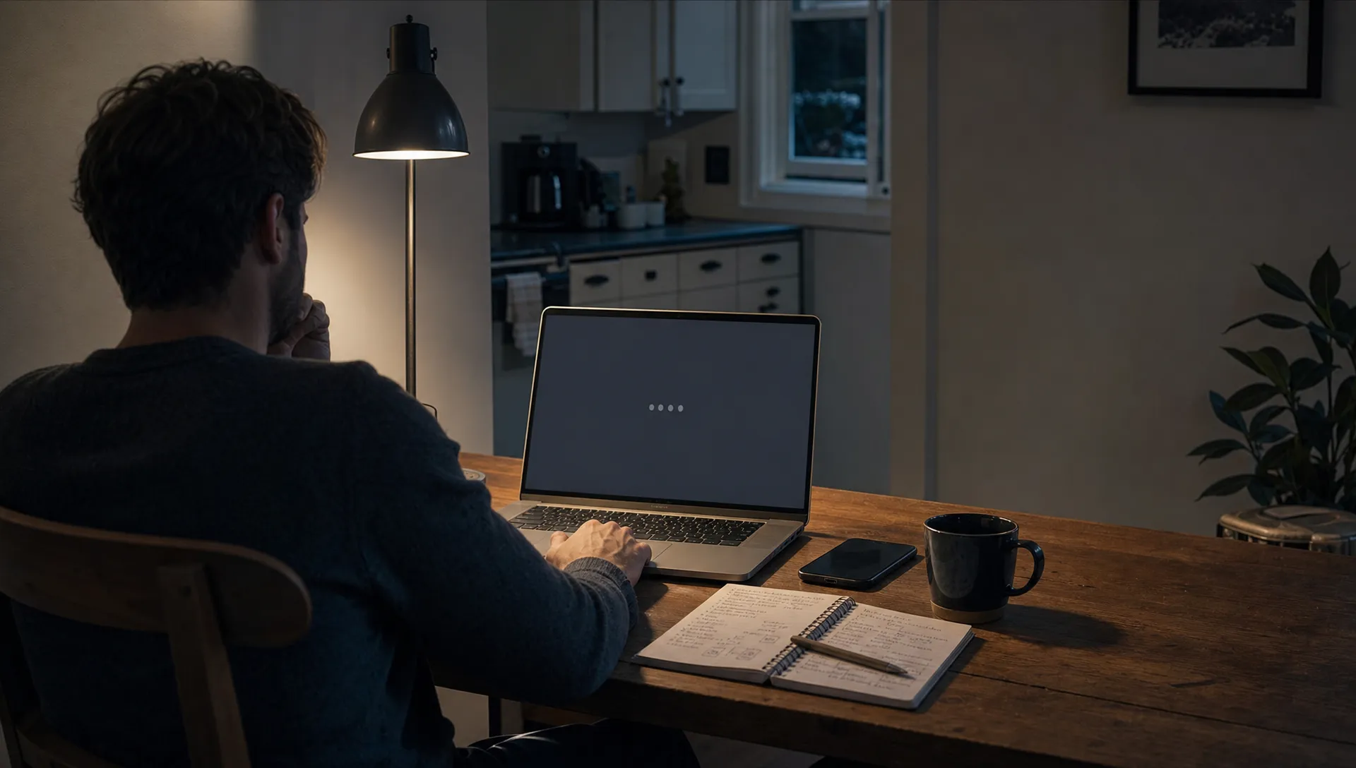 A person at a kitchen table studies a laptop while checking whether an AI draft is usable for a real task.
