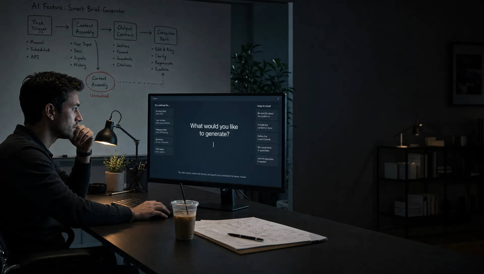 Landscape late-evening office scene in a quiet product workspace, with a single product manager seated on the left and studying a monitor that faces the camera, showing a blank AI prompt state with a waiting cursor and visible task hints around it, while nothing is displayed behind the screen. Their hand rests near a keyboard and a marked-up printed brief lies beside a cold coffee and a pen, as if they are deciding what the feature should ask for next. In the background, a whiteboard holds a rough map from task trigger to context to output contract to correction path, with one step circled as unresolved. The room is mostly dark, lit only by monitor glow and a desk lamp, with deep clean shadows, a restrained cool-toned accent, and open space on the right for text overlay.