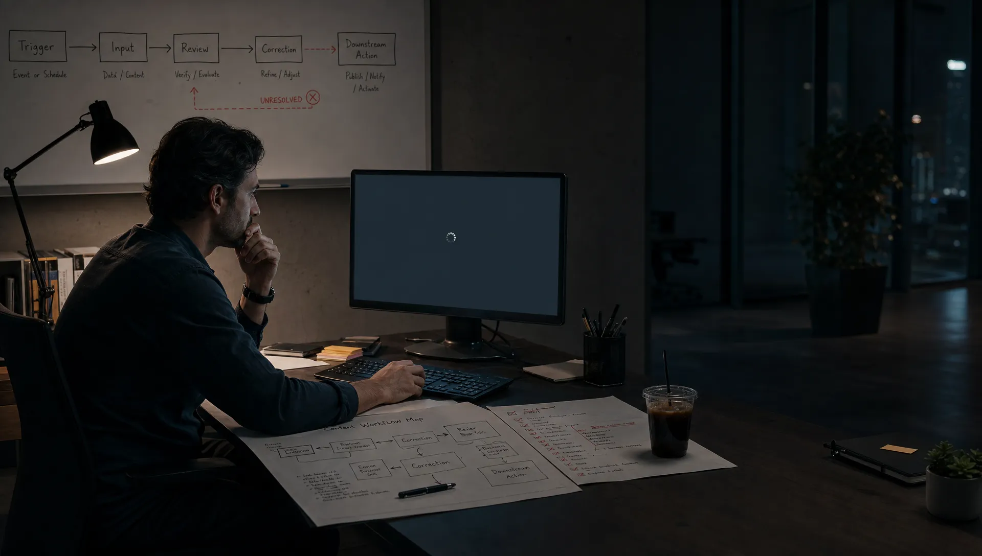 Landscape late-evening office scene in a quiet product workspace, with a single product lead left of center studying a printed workflow map and a red-marked checklist spread across the desk. A monitor on the desk faces the camera and shows an empty review state with a waiting cursor and nothing displayed behind it. One hand hovers over the keyboard while the other rests near a pen and a cold coffee, as if deciding whether the output is ready to trust. In the background, a whiteboard connects trigger, input, review, correction, and downstream action, with the review-to-action step marked unresolved. The room is mostly dark, lit only by monitor glow and a desk lamp, with deep clean shadows, a restrained cool-toned accent, and open space on the right for text overlay.