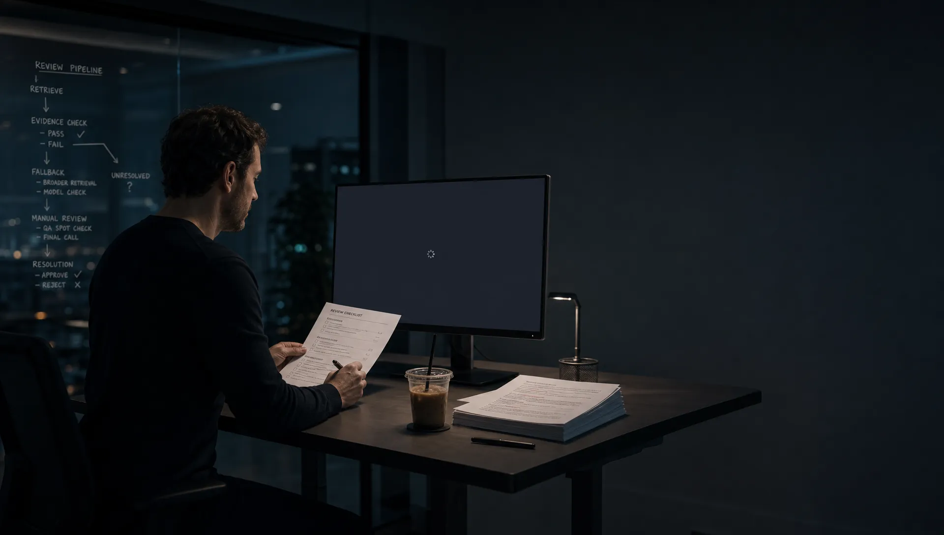 Landscape late-evening office scene in a quiet product workspace, with a single product lead seated near the left edge of the frame at a standing-height table and marking up a printed review checklist while looking past it toward a monitor that faces the camera and shows a blank interface with a waiting cursor and no content visible. On the table are a cold coffee, a pen, and a stack of source excerpts with several lines underlined. Behind the person, a glass wall or large window reflects faint notes about evidence, fallback, and manual review, with one unresolved branch still visible. The room is mostly dark, lit by monitor glow and a small desk lamp, with deep clean shadows, a restrained cool-toned accent, and open space on the right for text overlay.
