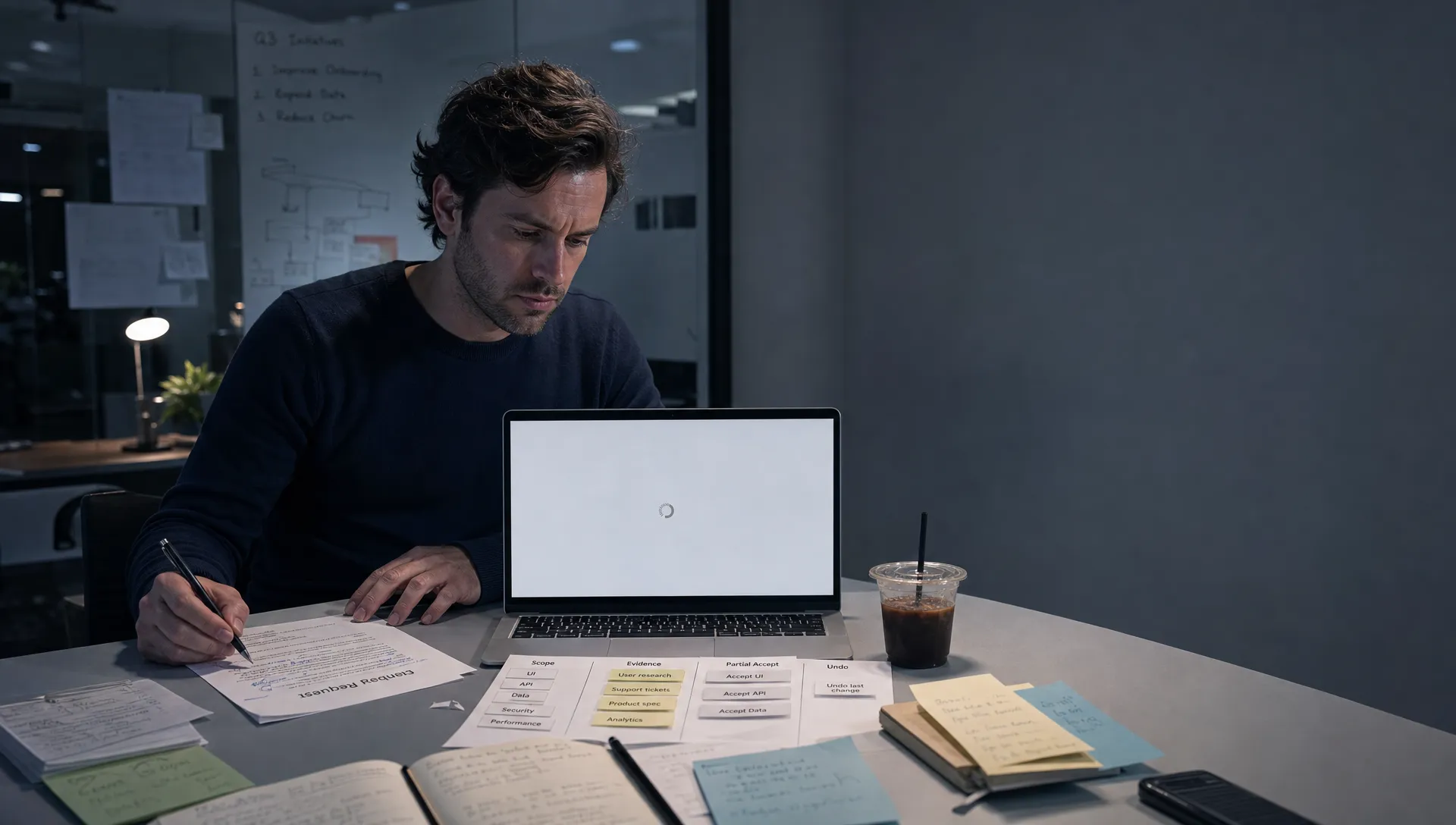 A product manager studies an AI draft beside printed control options, a pen, and a cold coffee in a late-evening office.