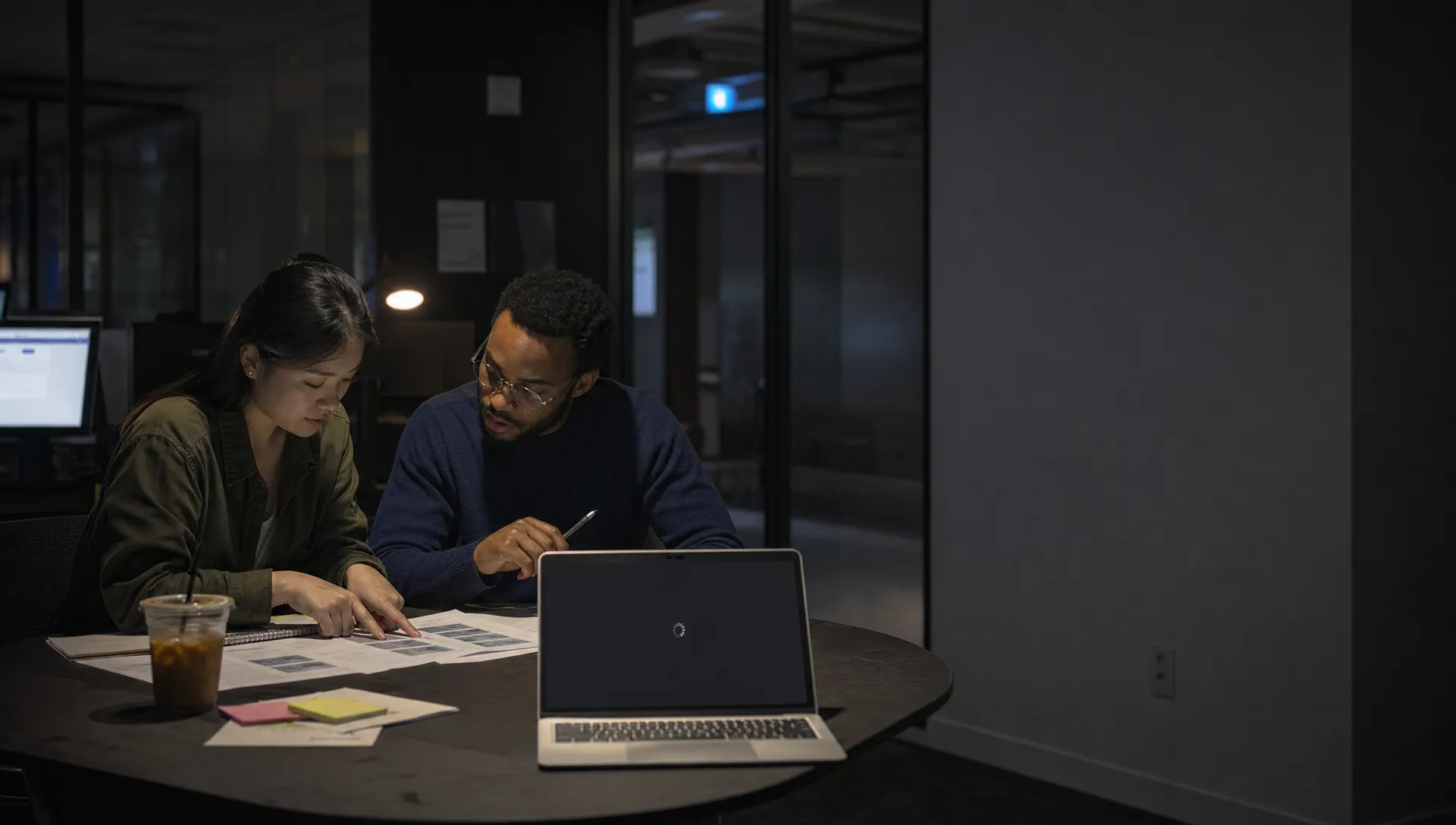 Two product teammates review a printed AI output sheet and talk through whether it should move into the workflow.