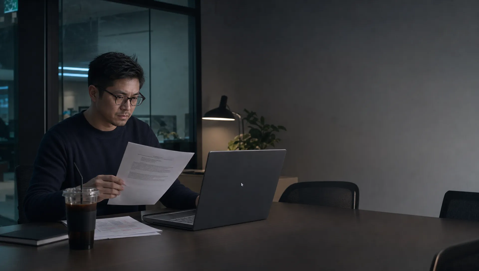 A product manager reviews a customer-facing AI draft beside a laptop showing an empty approval state.