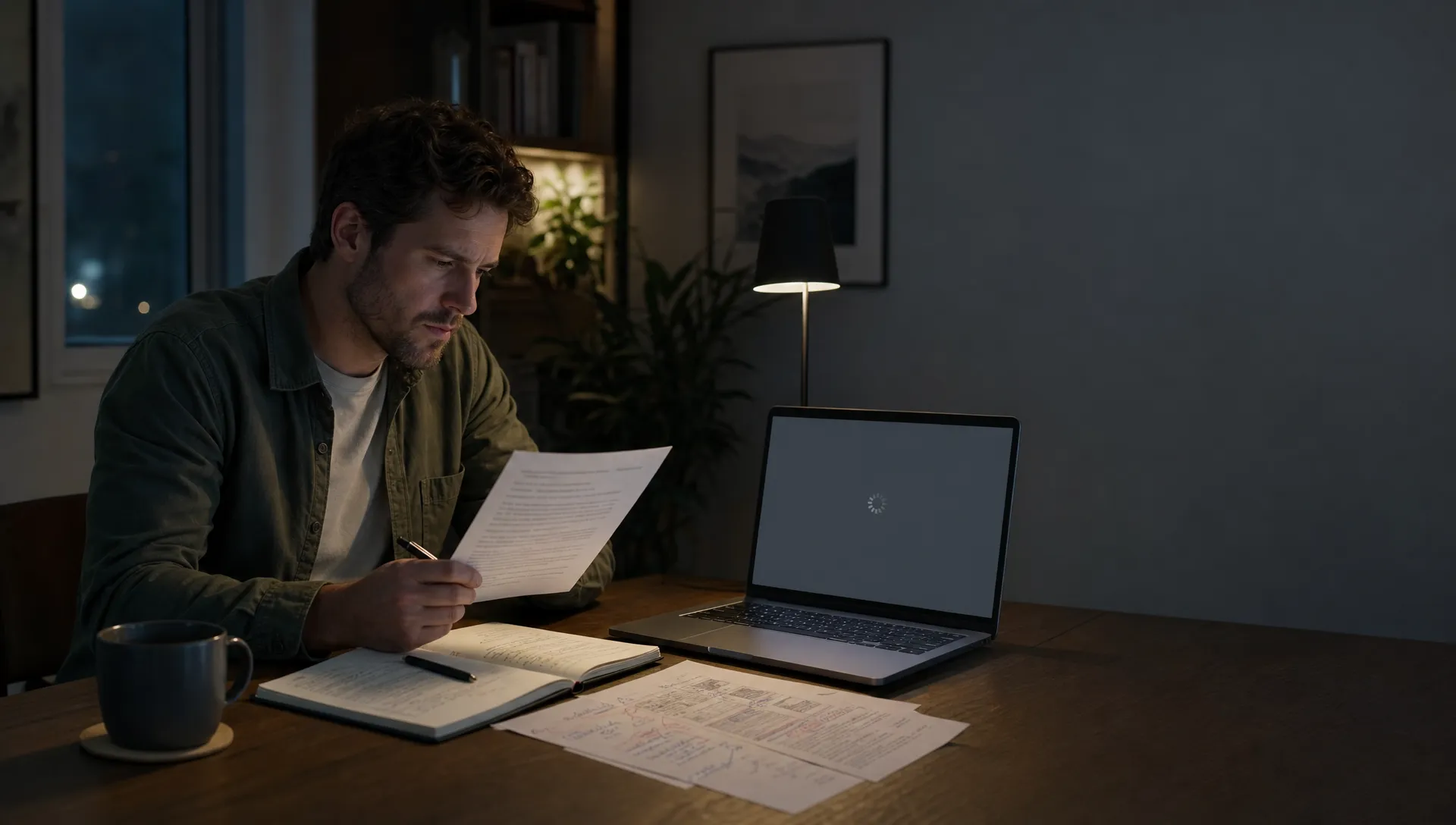 A product lead reviews an AI support response at a home table while deciding what caused the mismatch.