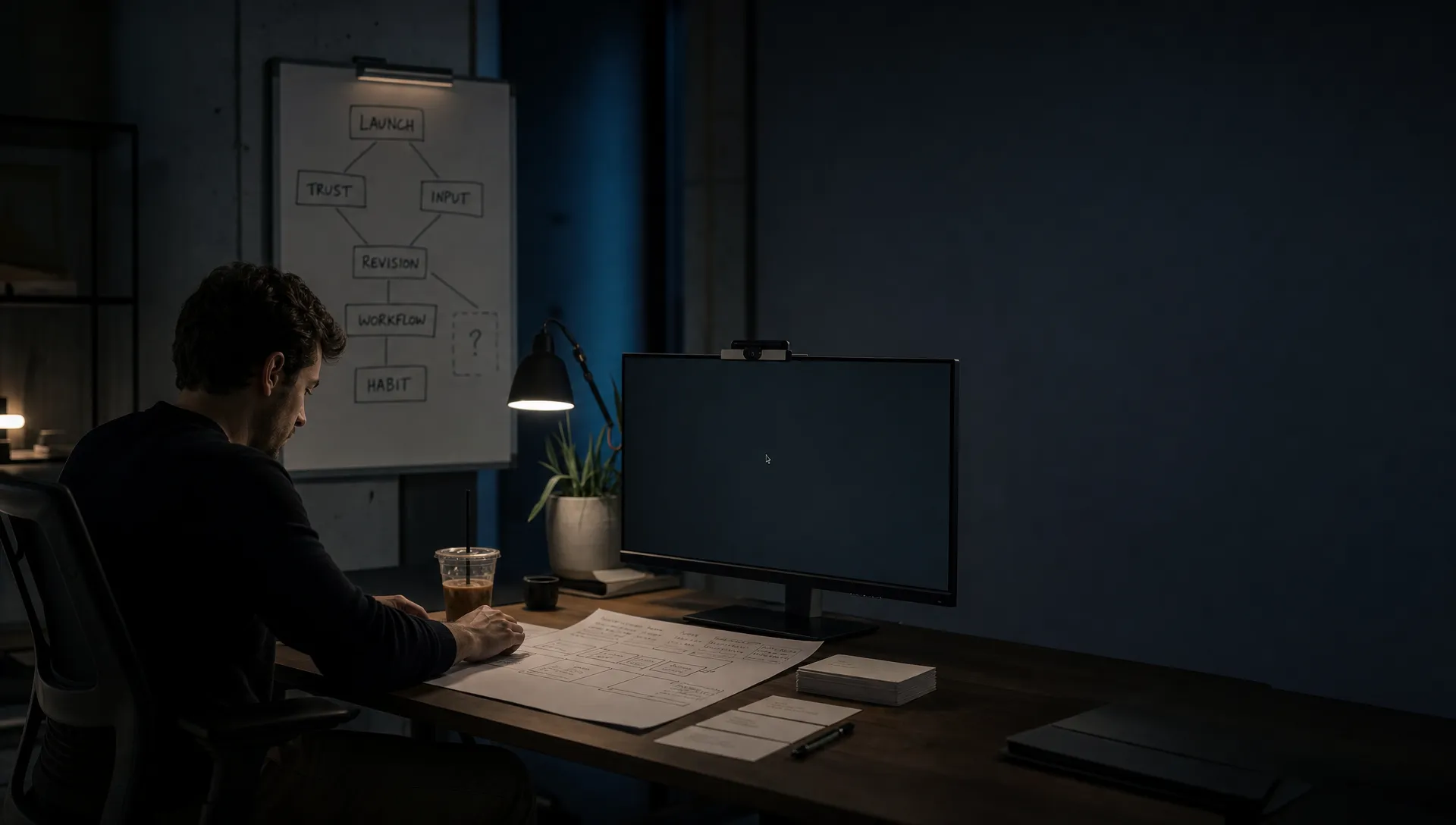 Landscape late-evening office scene with a single product lead seated left-of-center, looking down at a spread of printed notes and a marked-up framework sheet on the desk while a monitor facing the camera shows a blank review workspace with a waiting cursor and no content visible. Beside the papers are a cold coffee, a pen, and a few stacked index cards, with one card pulled forward as if being checked against the others. In the background, a whiteboard holds a rough matrix of launch, trust, input, revision, workflow, and habit, with one branch left unresolved. The room is mostly dark, lit only by monitor glow and a desk lamp, with deep clean shadows, a restrained cool-toned accent, and open space on the right for text overlay.