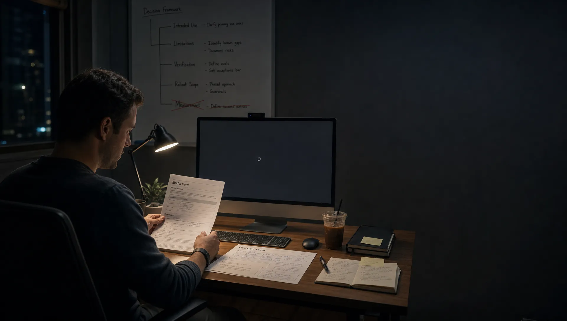 Landscape late-evening office scene in a quiet product workspace, with a single product lead seated left-of-center and studying a printed model card beside a marked-up decision sheet. A monitor faces the camera and shows an empty review workspace with a waiting cursor and no content visible. On the desk are a cold coffee, a pen, and a few scattered notes. Behind the desk, a wall-mounted board shows a few unresolved branches about intended use, limitations, verification, rollout scope, and measurement, with one branch still crossed out. The room is mostly dark, lit by monitor glow and a desk lamp, with deep clean shadows, a restrained cool-toned accent, and open space on the right for text overlay.