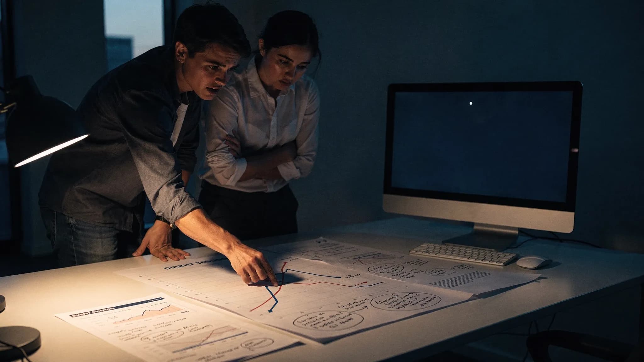 Landscape, late-evening office scene: two product teammates stand side by side reviewing a printed event chart and a marked-up worksheet on a desk, with one person pointing at a drop-off in the chart while the other studies it in silence. A monitor in the background faces the camera and shows a mostly blank interface with a waiting cursor, nothing else displayed. The composition is wide with the group left-of-center and open space on the right for text. Practical desk lamp and monitor glow only; deep, clean shadows; subdued cool-toned accent; tense, documentary feel about a feature that is getting attention but not holding users.