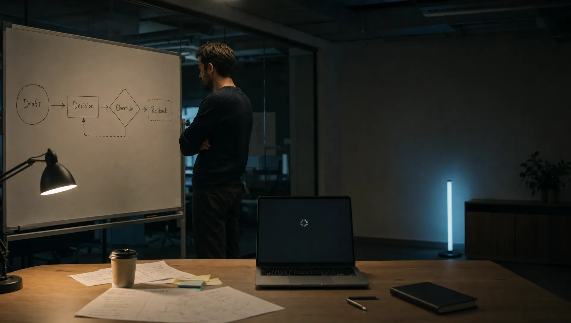A product lead studies a whiteboard mapping the jump from AI draft to AI decision in a quiet office.