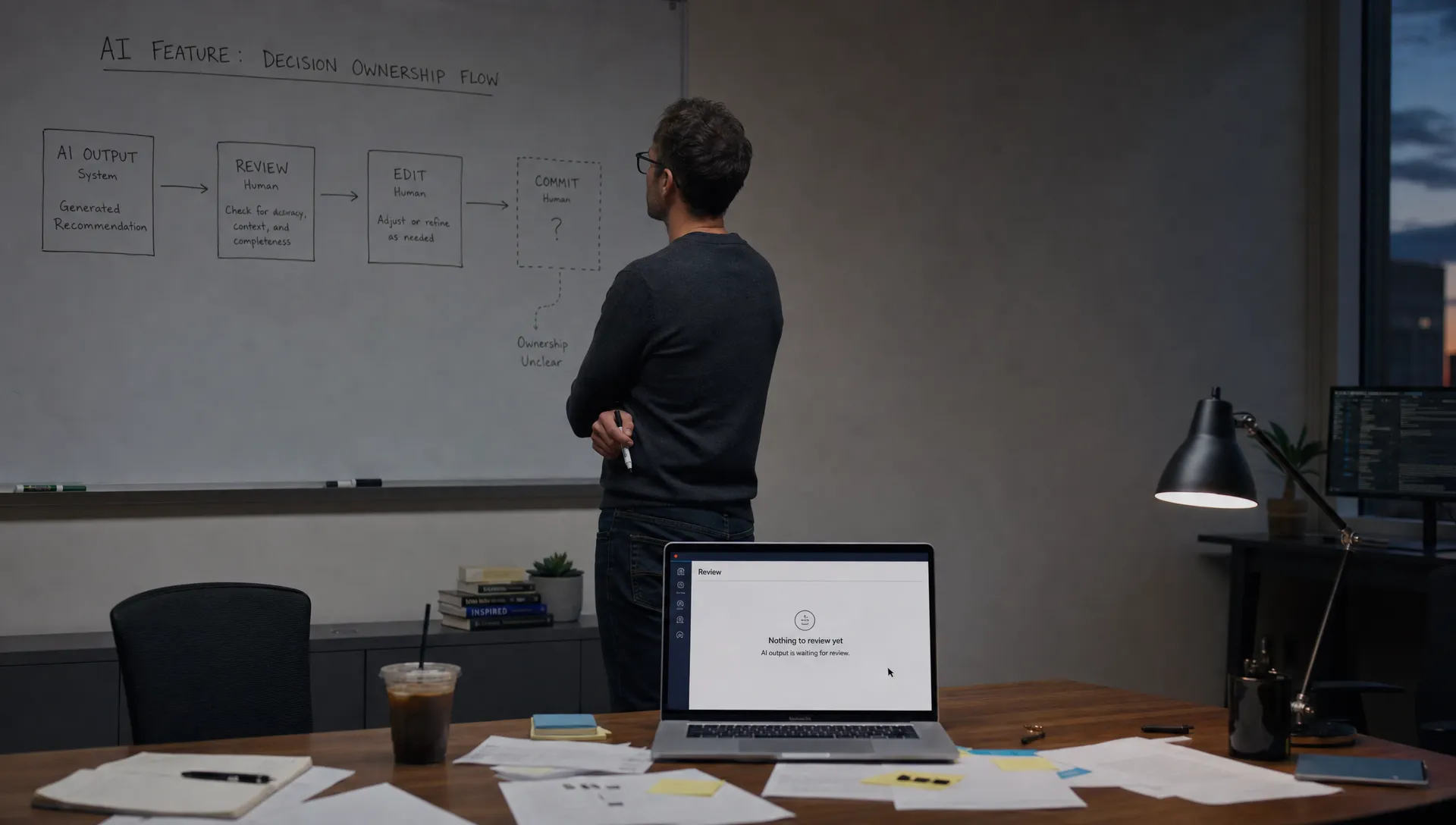A product lead studies a whiteboard map of an AI feature review process beside a laptop with a waiting cursor.