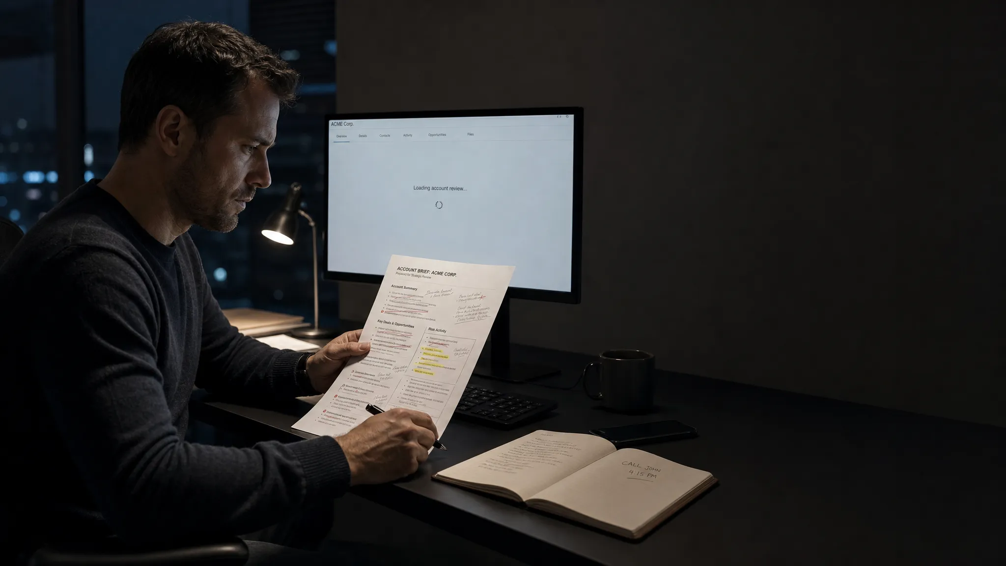 Landscape late-evening office scene with a single sales operations manager seated left-of-center at a desk, studying a printed account brief marked with notes, cross-outs, and a few highlighted risk flags. A monitor faces the camera and shows a CRM account view with a blank review area and a waiting cursor, with no other content visible. Next to the keyboard is an open notebook with a call time scribbled in the margin and a phone turned face down. The person’s hand hovers over the page as if deciding whether the brief is trustworthy enough to use before the next customer call. Practical monitor glow and a small desk lamp provide the only light. Deep, clean shadows, desaturated base, one restrained cool accent, quiet and slightly tense mood, with open space on the right for text overlay.