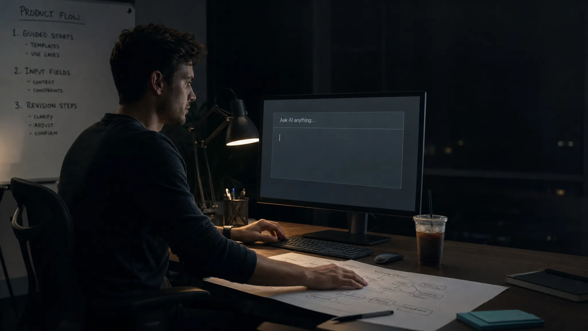Landscape late-evening office scene with a single product manager seated left-of-center at a desk, staring at a monitor that faces the camera and shows a blank AI prompt with a waiting cursor and no content displayed. On the desk are a printed workflow sketch with several task paths, a pen, and a cold coffee beside the keyboard. A whiteboard in the background holds a few simple notes about guided starts, input fields, and revision steps. One hand rests on the paper while the other hovers above the keyboard, as if deciding what the product should already know. Practical monitor glow and a small desk lamp provide the only light. Deep, clean shadows, desaturated base with one restrained cool accent, quiet and slightly tense mood, with open space on the right for text overlay.
