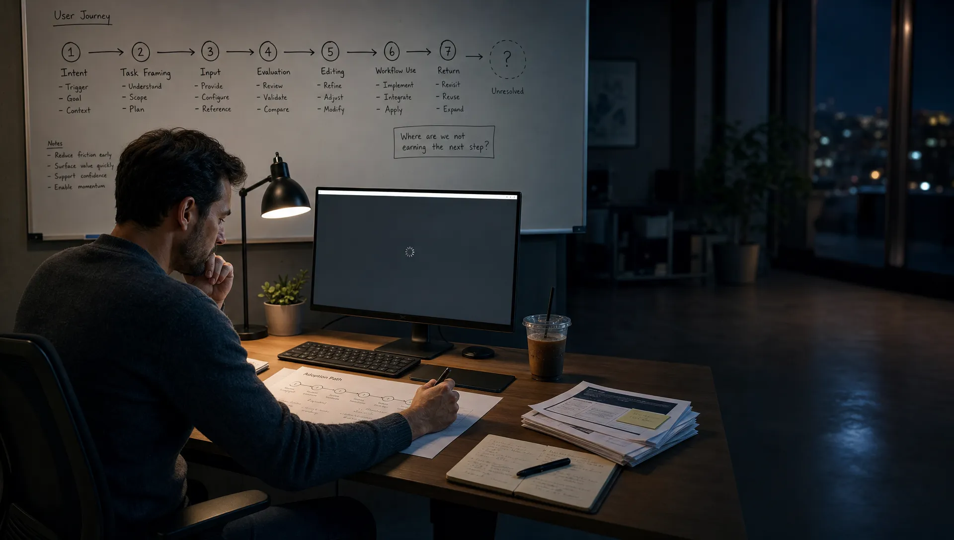 Landscape late-evening office scene in a quiet product workspace, with a single thoughtful product manager seated slightly left-of-center at a desk and studying a printed adoption-path worksheet while a monitor facing the camera shows a blank interface with a waiting cursor and no content visible. One hand rests near the keyboard, the other holds a pen above a marked line on the page. On the desk are a cold coffee, a few loose notes, and a small stack of review printouts. Behind the person, a whiteboard is covered with a rough map of intent, task framing, input, evaluation, editing, workflow use, and return, with one step still unresolved. The room is mostly dark, lit by monitor glow and a desk lamp, with deep clean shadows, a restrained cool-toned accent, and open space on the right for text overlay.
