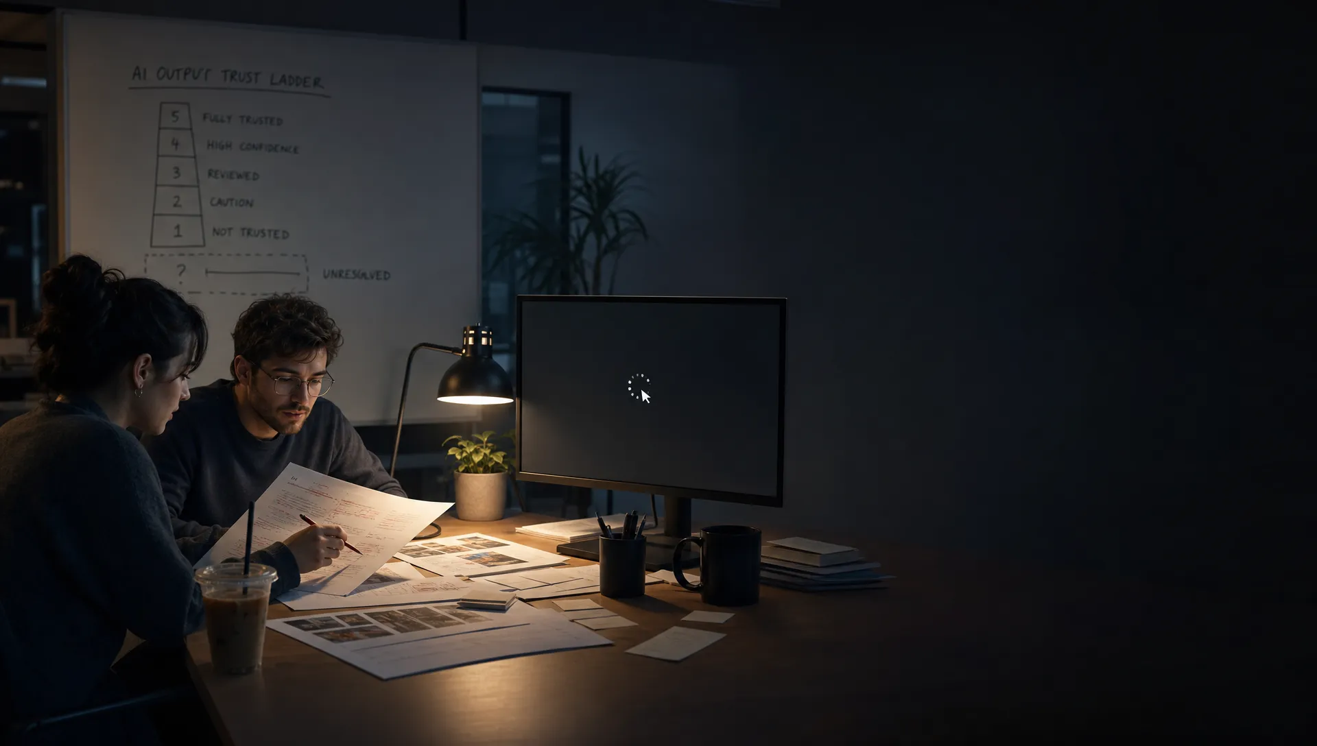 Landscape late-evening office scene in a quiet product workspace, with two teammates seated at a table slightly left-of-center studying a printed AI output and a marked-up checklist while a monitor faces the camera and shows an empty review state with a waiting cursor and no other content visible. One person has a pen hovering over a correction on the page; the other is looking between the screen and the notes. On the table are a cold coffee, scattered printouts with red marks, and a few index cards. In the background, a whiteboard holds a rough trust ladder with one step left unresolved. The room is mostly dark, lit by monitor glow and a desk lamp, with deep clean shadows, a restrained cool-toned accent, and open space on the right for text overlay.