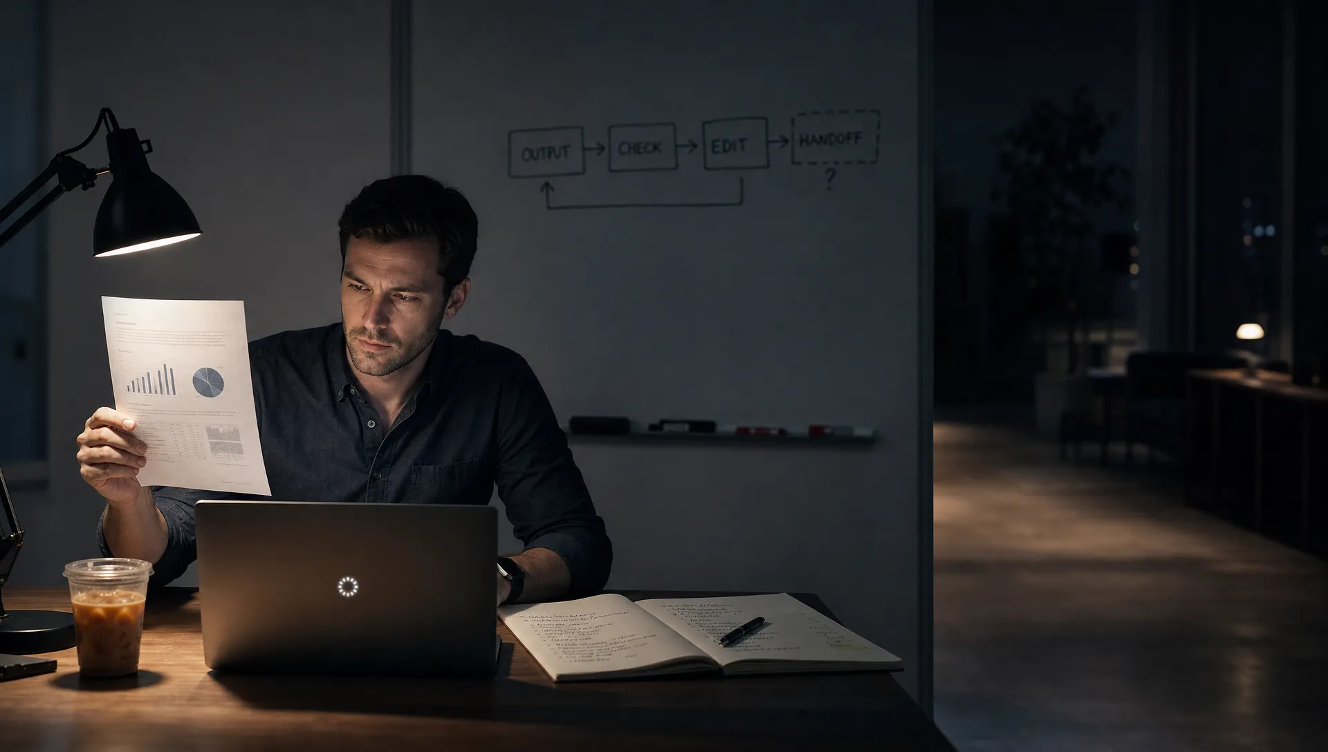 Landscape late-evening office scene in a quiet product workspace, with a single product lead left of center holding a printed summary page up to a desk lamp while studying a laptop that faces the camera and shows a blank draft state with a waiting cursor and nothing displayed behind it. On the desk are a notepad with source notes, a pen, and a cold coffee, while the person compares the generated page against the notes as if deciding whether it is safe to accept. In the background, a whiteboard maps the path from output to check to edit to handoff, with the handoff step still unresolved. The room is mostly dark, lit by laptop glow and a desk lamp, with deep clean shadows, a restrained cool-toned accent, and open space on the right for text overlay.