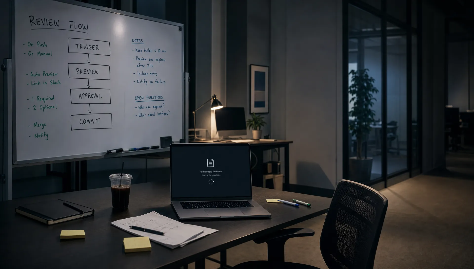 A quiet product workspace shows a whiteboard flow from trigger to approval beside a waiting laptop.