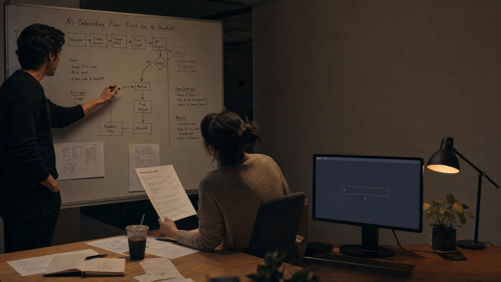 Landscape late-evening office scene in a product workspace, with two teammates standing and sitting around a large whiteboard that maps an AI onboarding flow from first use to handoff. One person marks a stuck step with a pen while the other studies a printed onboarding script and a rough output sample on the table. A monitor off to the side faces the camera and shows an empty prompt state with a waiting cursor and no content visible. On the table are a cold coffee, a pen, and a few annotated pages. The mood is quiet, unresolved, and slightly tense, with practical light from the monitor and a desk lamp, and open space on the right for text overlay.