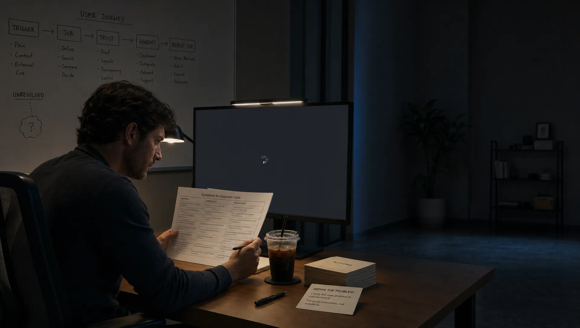 Landscape late-evening office scene in a quiet product workspace, with a single product lead seated left-of-center and studying a printed symptom-to-diagnosis table beside a monitor that faces the camera and shows a blank workspace with a waiting cursor and no content visible. On the desk are a cold coffee, a pen, and a few stacked action cards with one card pulled forward. Behind the person, a whiteboard is covered with a rough map of trigger, job, trust, handoff, and repeat use, with one branch still unresolved. The room is mostly dark, lit by monitor glow and a desk lamp, with deep clean shadows, a restrained cool-toned accent, and open space on the right for text overlay.